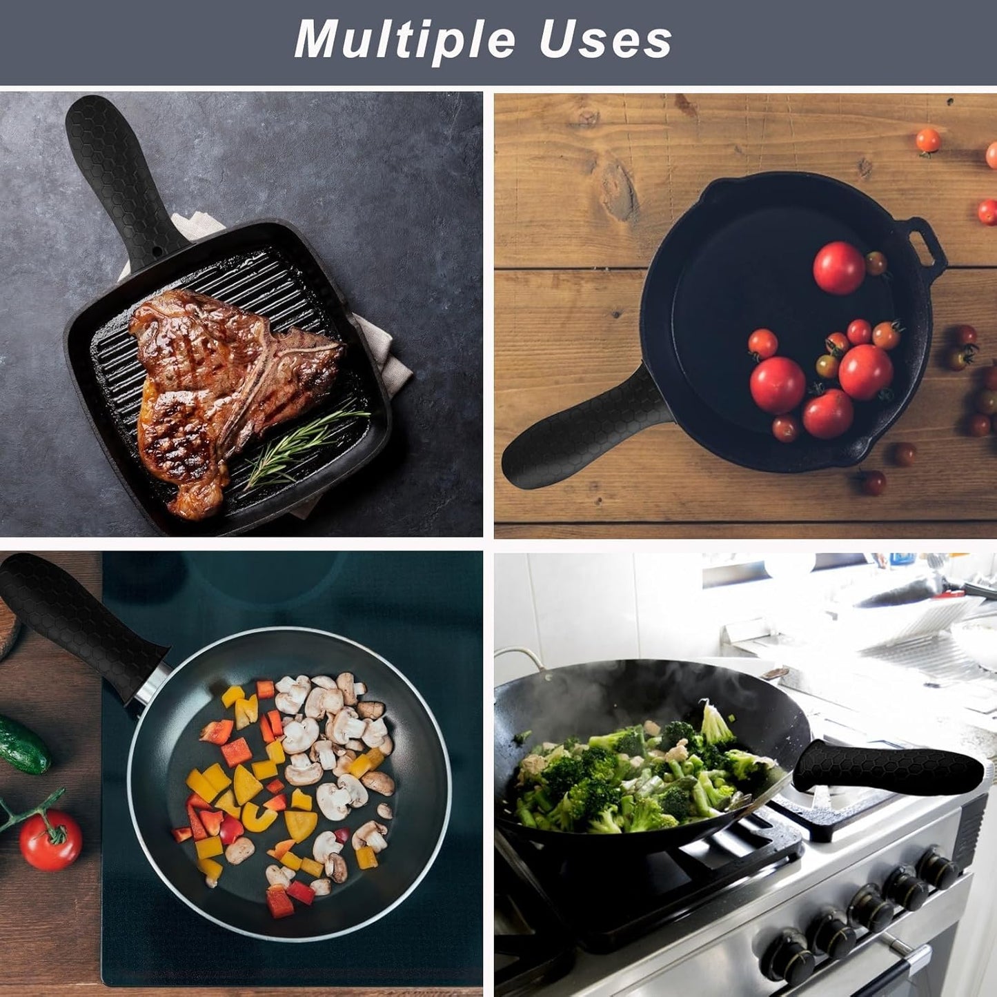 4 Pcs Silicone Hot Handle Holder, Potholder for Cast Iron Skillets, Non-Slip Rubber Pot Handle Sleeve Heat Resistant for Frying Pans & Griddles Sleeve Grip Handle Cover,Metal cookware Handles, Black