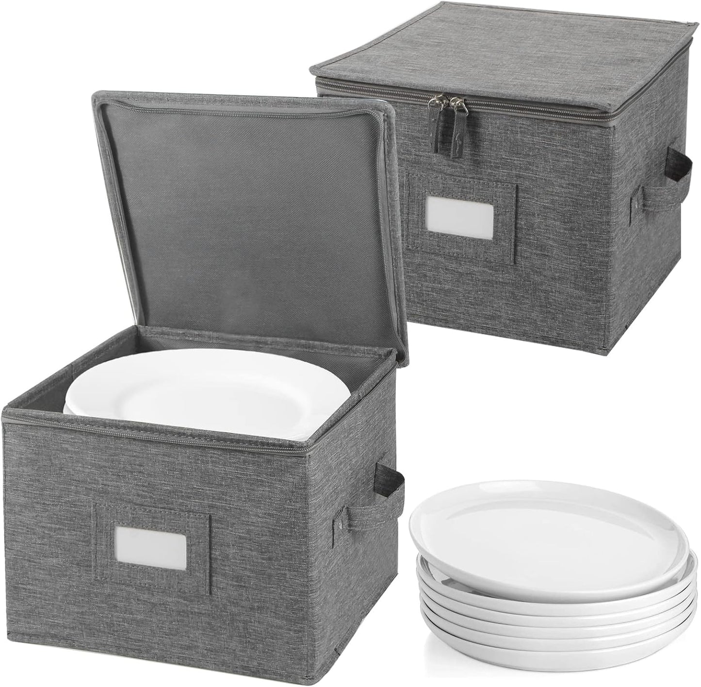 popoly China Storage Containers Hard Shell Inside 10" W x 8" H, Salad Plate Storage Containers for Dishes, Dinnerware with 24 Felt Dividers, Hold 24 Plates, Foldable and Stackable (2 Pack Grey)