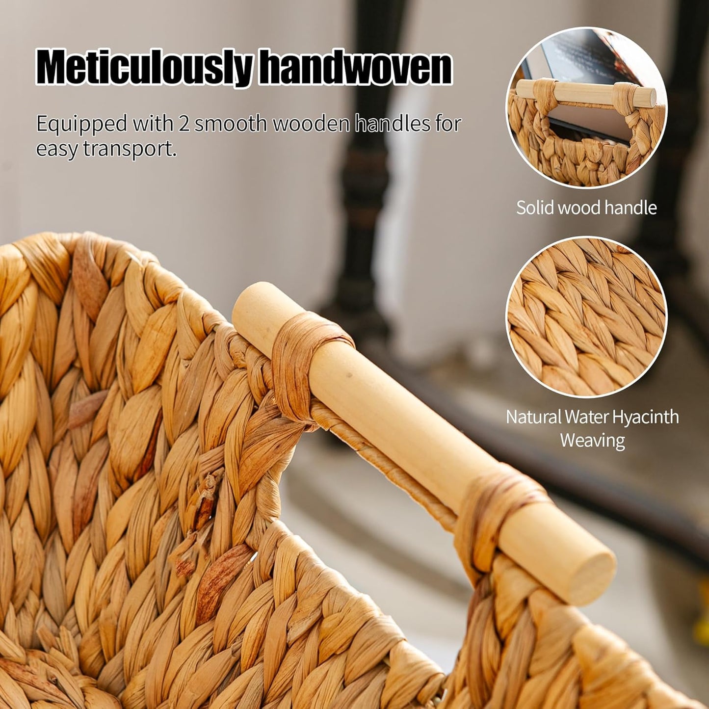 Woven Storage Baskets – Set of 3 Handwoven Water Hyacinth Wicker Baskets with Wooden Handles for Organizing, Decorative Baskets for Laundry Room, Home Decor - Large, Medium & Small