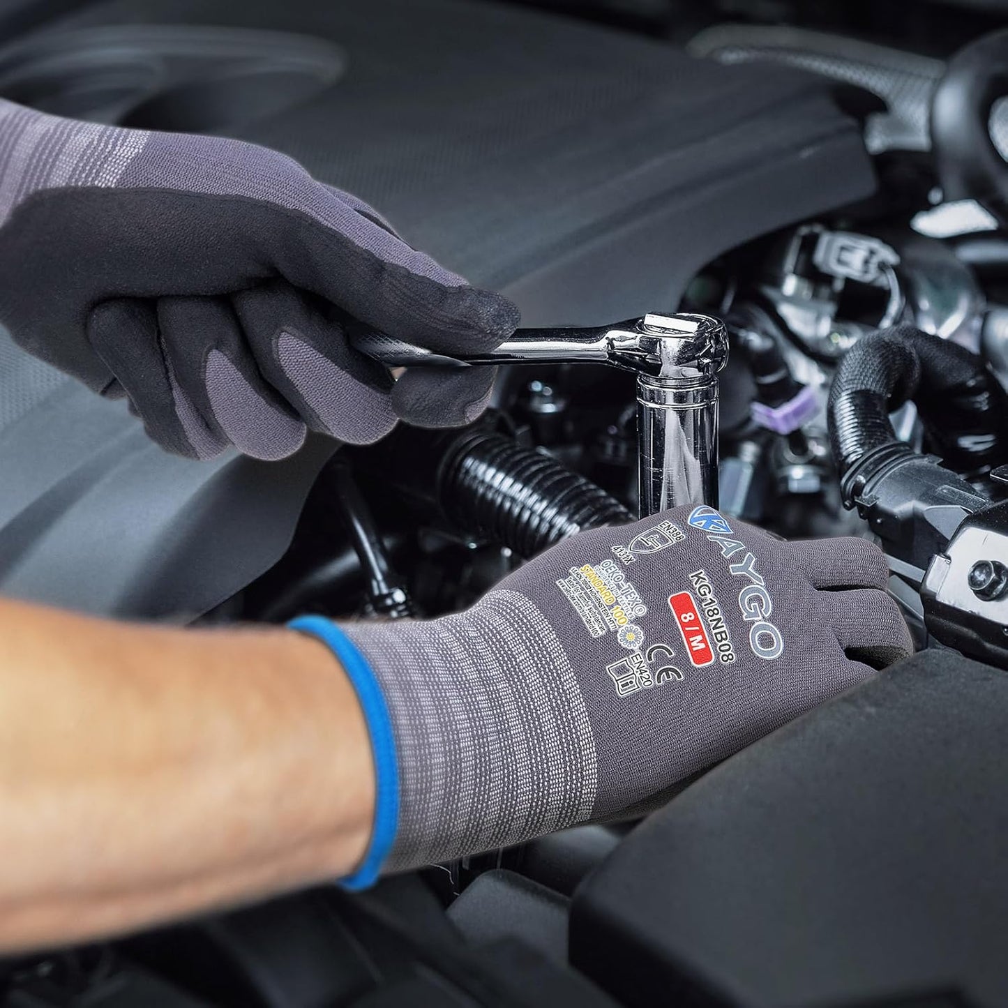 KAYGO Safety Work Gloves MicroFoam Nitrile Coated-3 Pairs, KG18NB,Seamless Knit Nylon Glove with Black Micro-Foam Nitrile Grip,Ideal for General Purpose,Automotive,Home Improvement,Red small