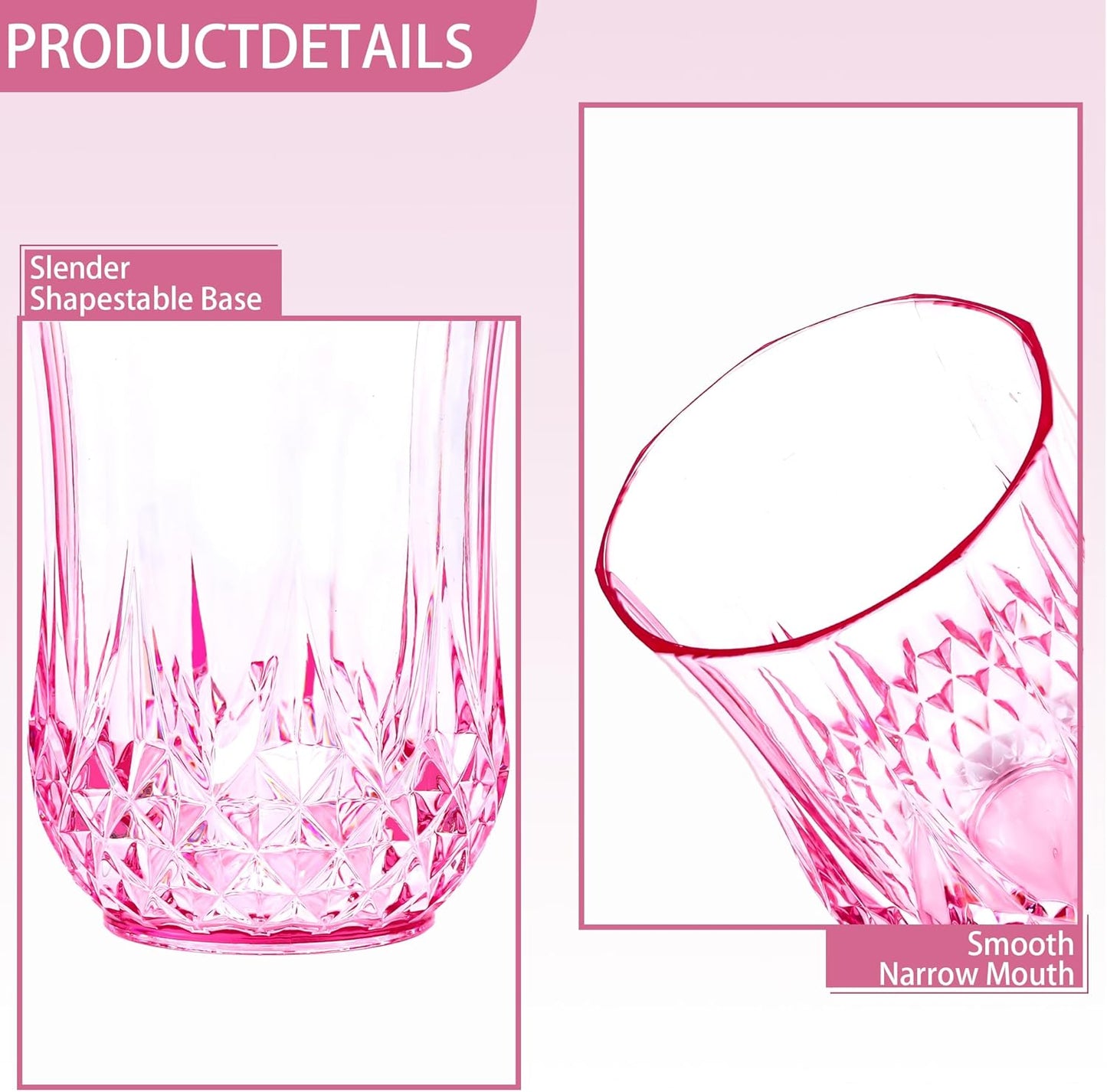 24 PCS Pink Unbreakable Stemless Wine Glasses，9OZ Vintage Colored Plastic Reusable Cups Drinking Glass Goblets Tumblers for Whisky, Beer, Juice, Beverages, Cocktail