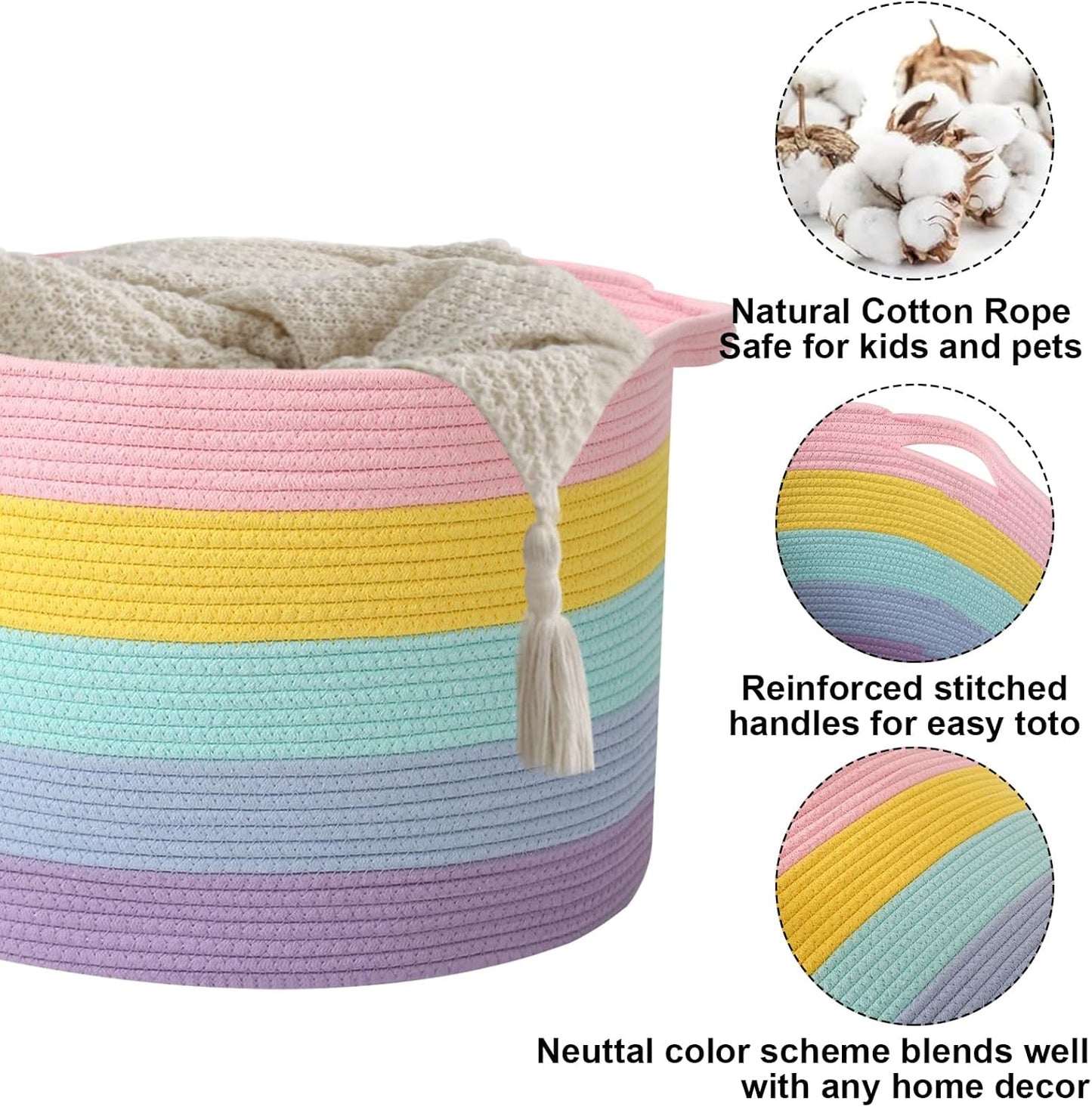 Large Blanket Basket for Organizing,65L Closet Organizers and Storage Bins Box for Shelves Woven Rope Storage Baskets,Living Room,Bedroom,Dorm,Laundry room (Colorful)