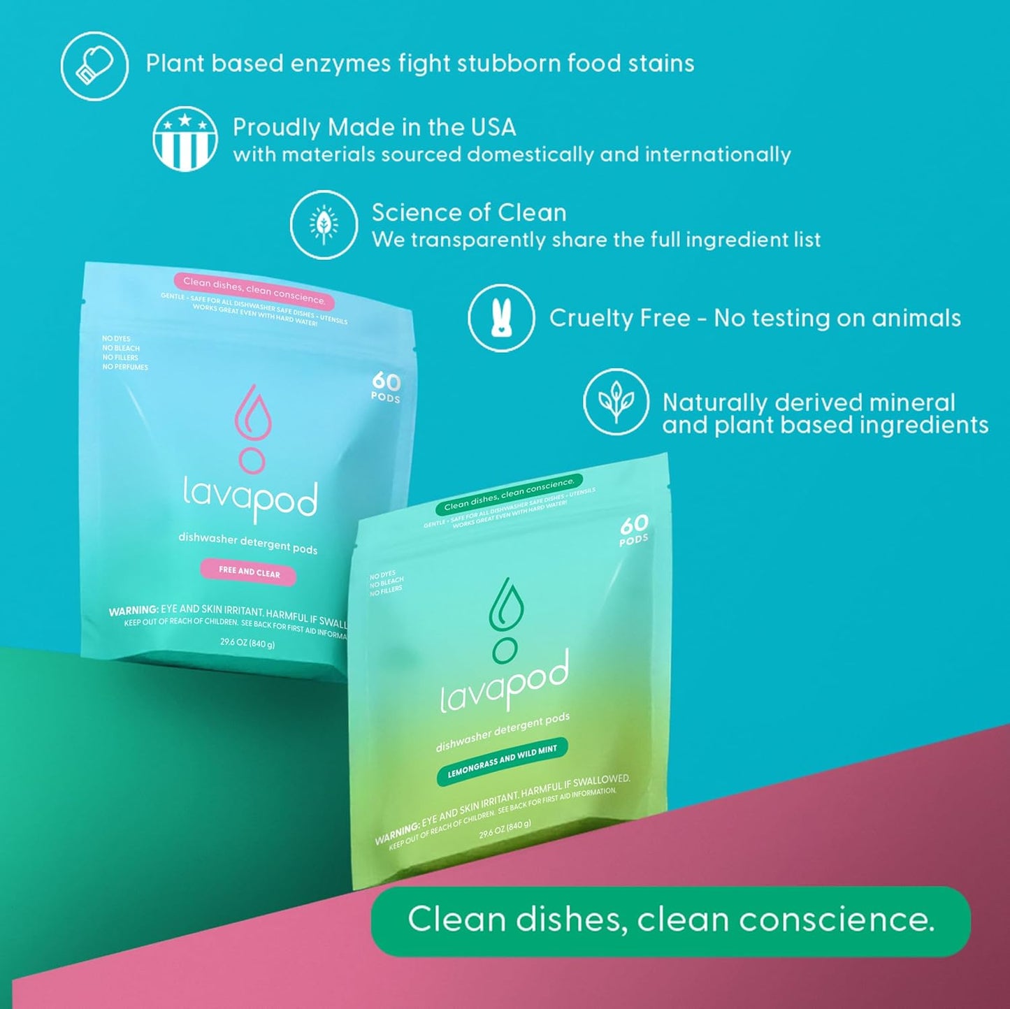 Natural Dishwasher Pods | Plant-Based Enzyme Dishwasher Detergent, Lemongrass & Wild Mint, Eco-Friendly, Tough on Grease & Food Residue, 60 Count