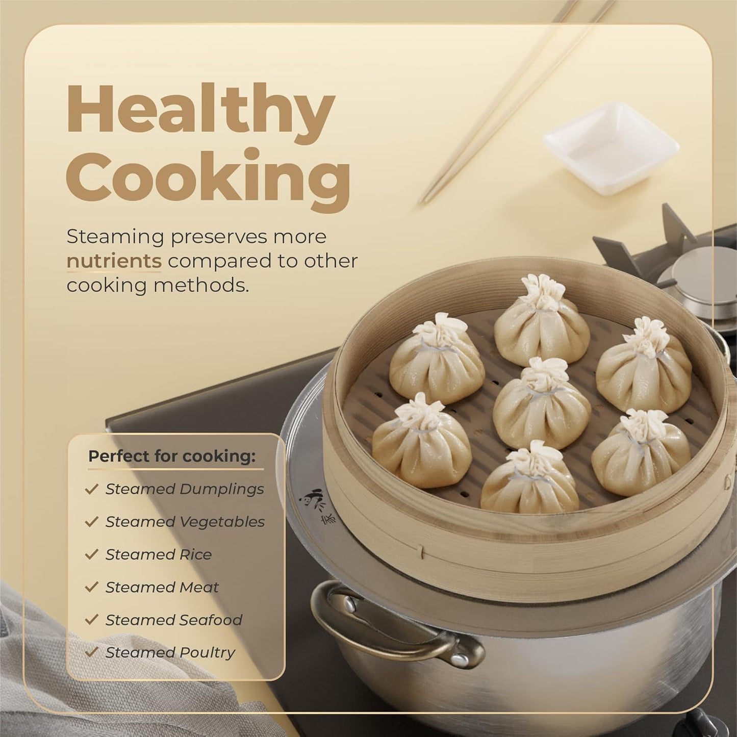 Prime Home Direct Bamboo Steamer Basket 10-Inch | 2-Tier Steamer for Cooking | 50 Liners, Chopsticks, Sauce Dish | Steaming Asian Food, Bao Buns, Chinese, Dim Sum, Dumpling, Rice, Vegetable Steam Pot