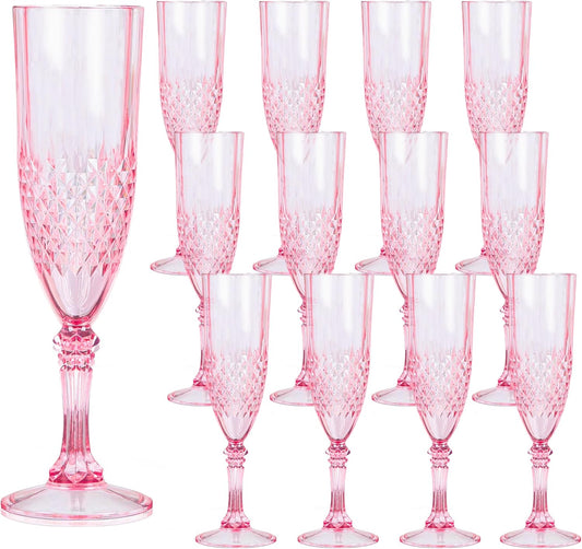 Plastic Champagne Flutes, 12PCS Pink Plastic Wine Glasses Goblets Reusable Champagne Flute for Weddings, Bachelor Parties, Toasting, and Events(12, Pink)