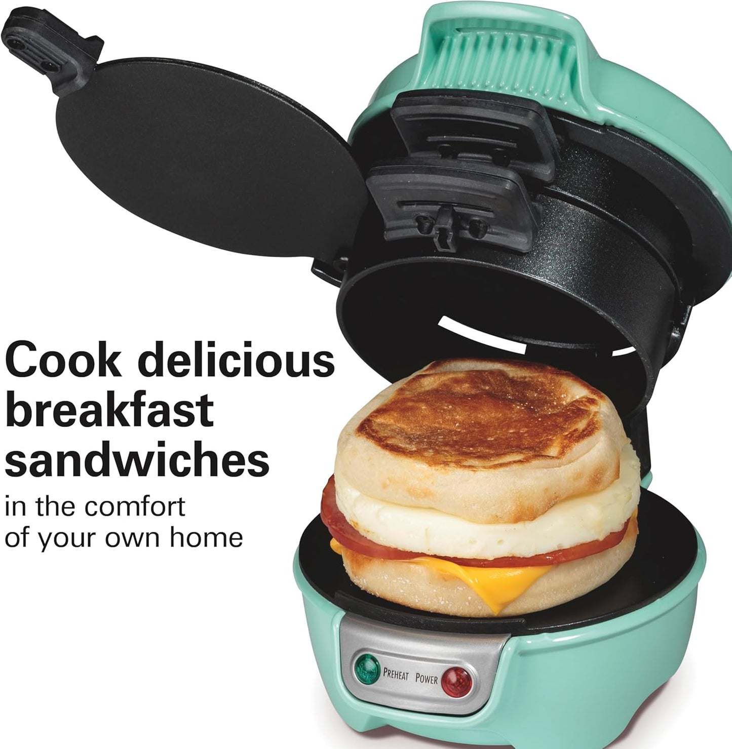 Hamilton Beach Breakfast Sandwich Maker with Egg Cooker Ring, Customize Ingredients, Perfect for English Muffins, Croissants, Mini Waffles, Perfect White Elephant Gifts, Mint (25482)
