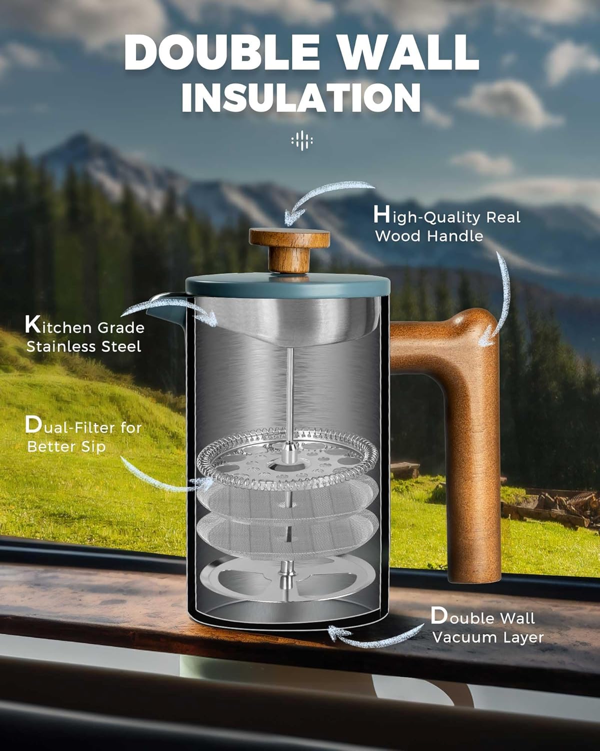 POLIVIAR French Press Coffee Maker, 21 oz Coffee Press with Real Wood Handle, Double Wall Insulation & Dual-Filter Screen, Food Grade Stainless Steel for Good Coffe and Tea, JX2024-SFPU