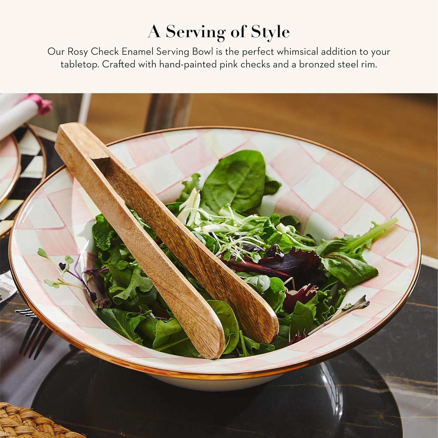 MACKENZIE-CHILDS Enamel Serving Bowl, Enamel Serveware Bowl, 12 Inches, Pink-and-White Rosy Check