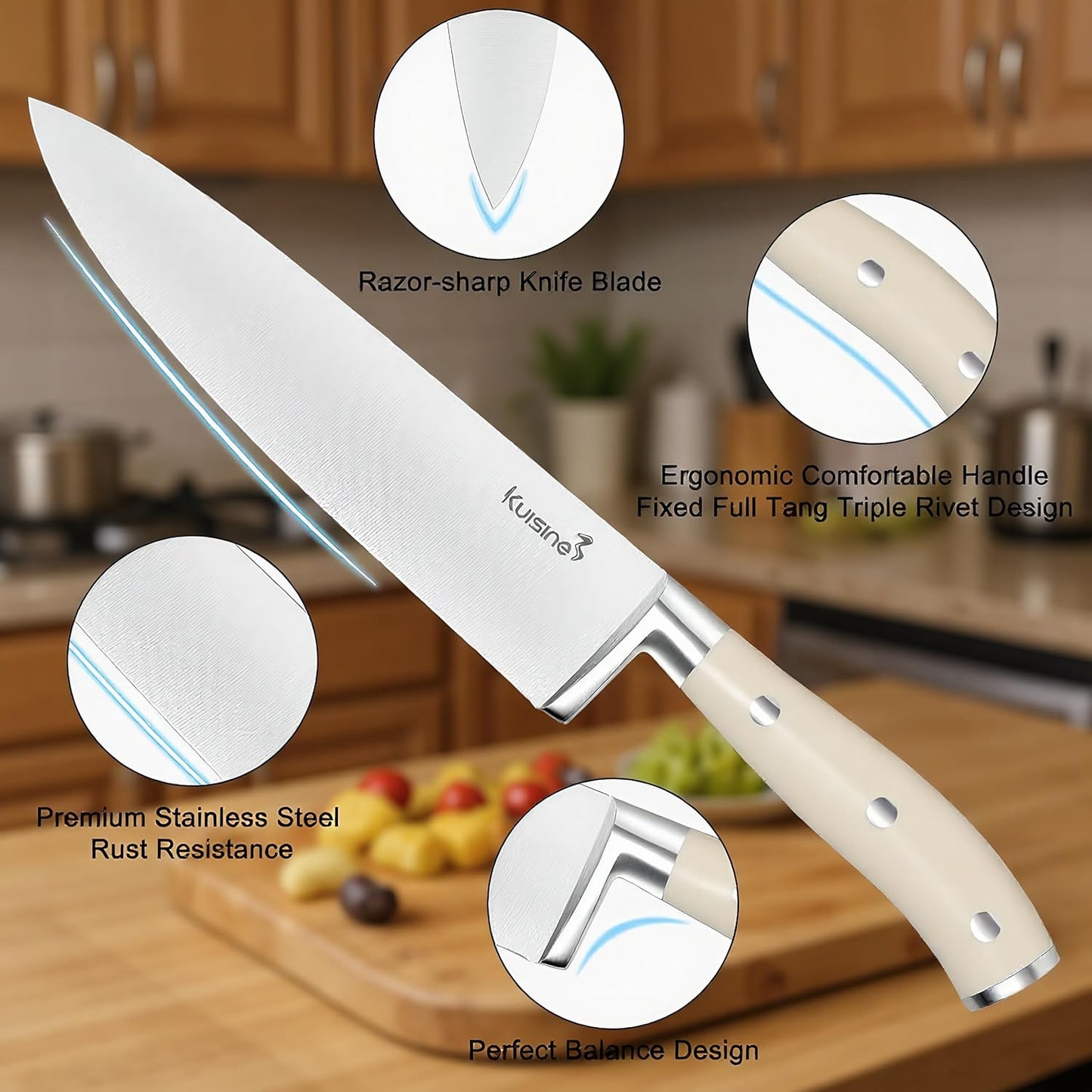 KUISINE Knife Set High Carbon Stainless Steel Ultra Sharp Blade Ergonomic Handle,Knife Block Set with Built-in Sharpener(Ivory Acacia,15PCS)
