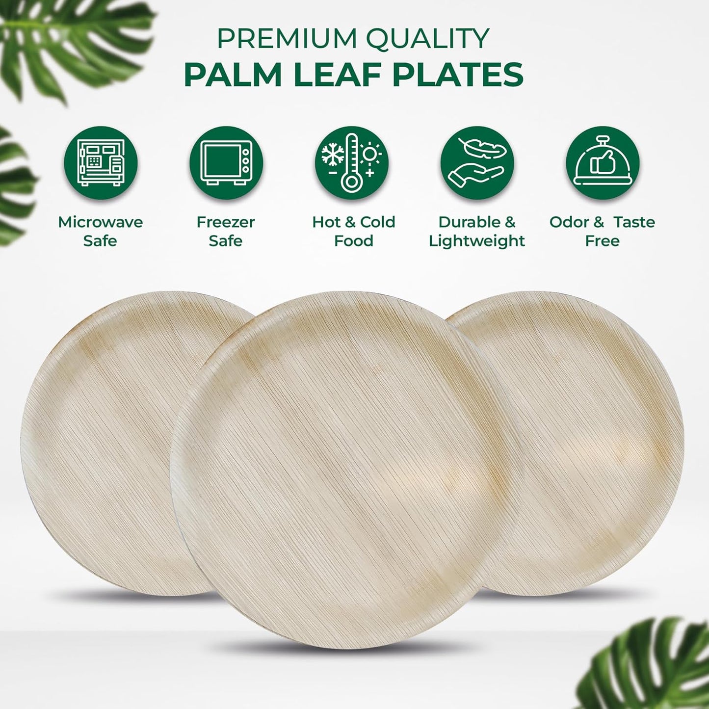 Palm Leaf Disposable Plates - Bamboo Plates Disposable 12 Inch Round (50pc) - 100% Compostable & Biodegradable Plastic-Free Plates - Heavy-Duty, Party Dinnerware Set - Microwave & Oven Safe