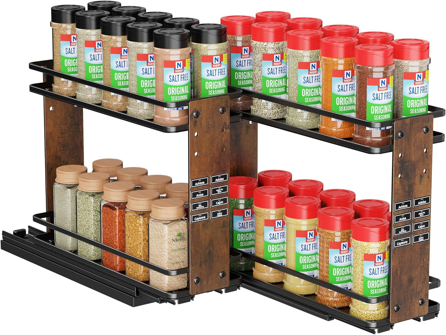 Nieifi Pull Out Spice Rack Organizer, 2 Tiers, Wood Grain, Spice Organization for Cabinet, Height Adjustable, Easy to Install