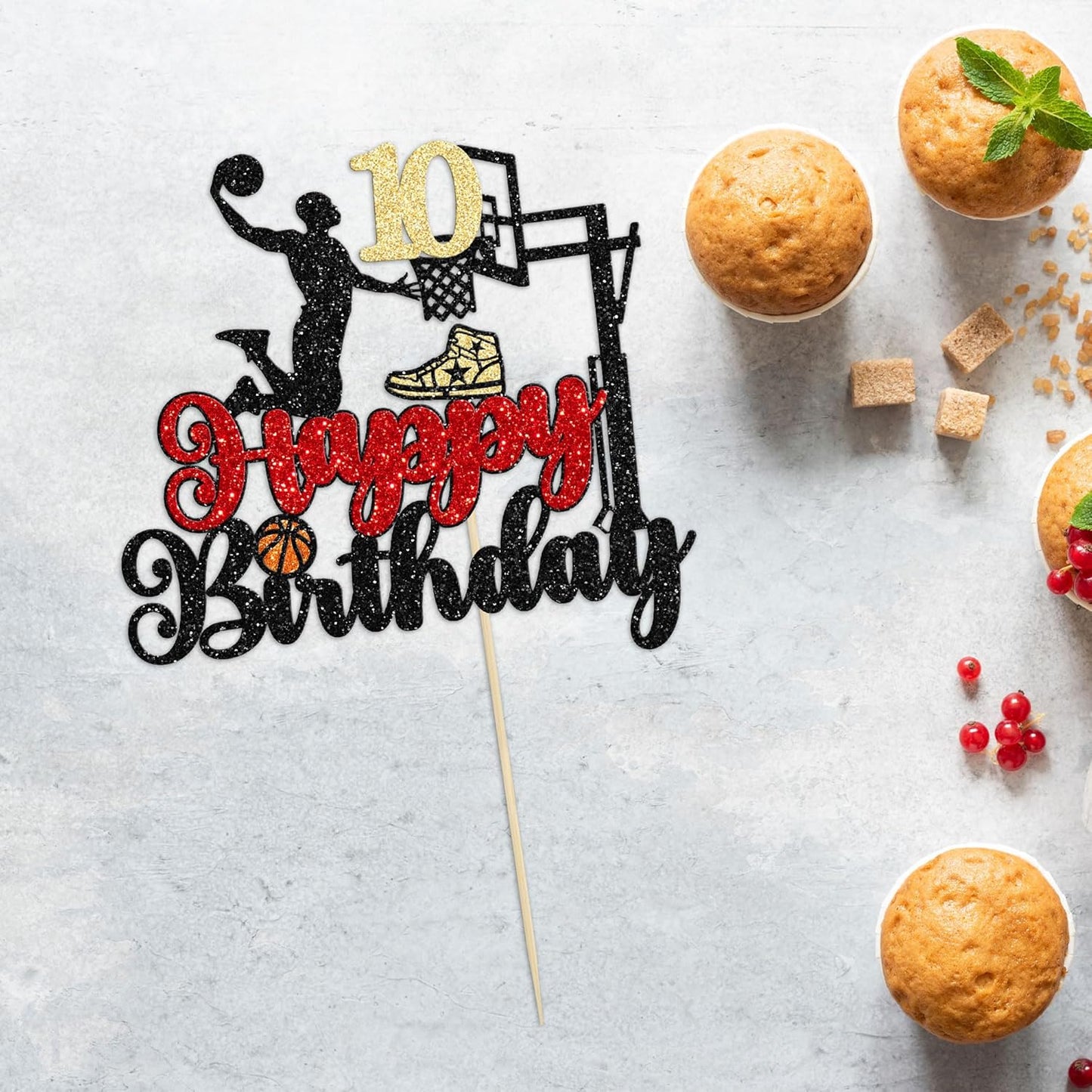 1Pc 10th Birthday Basketball Cake Topper Glitter Basketball Sports Theme Cake Pick for Baby Shower 10th Birthday Cake Decorations Party Supplies Black
