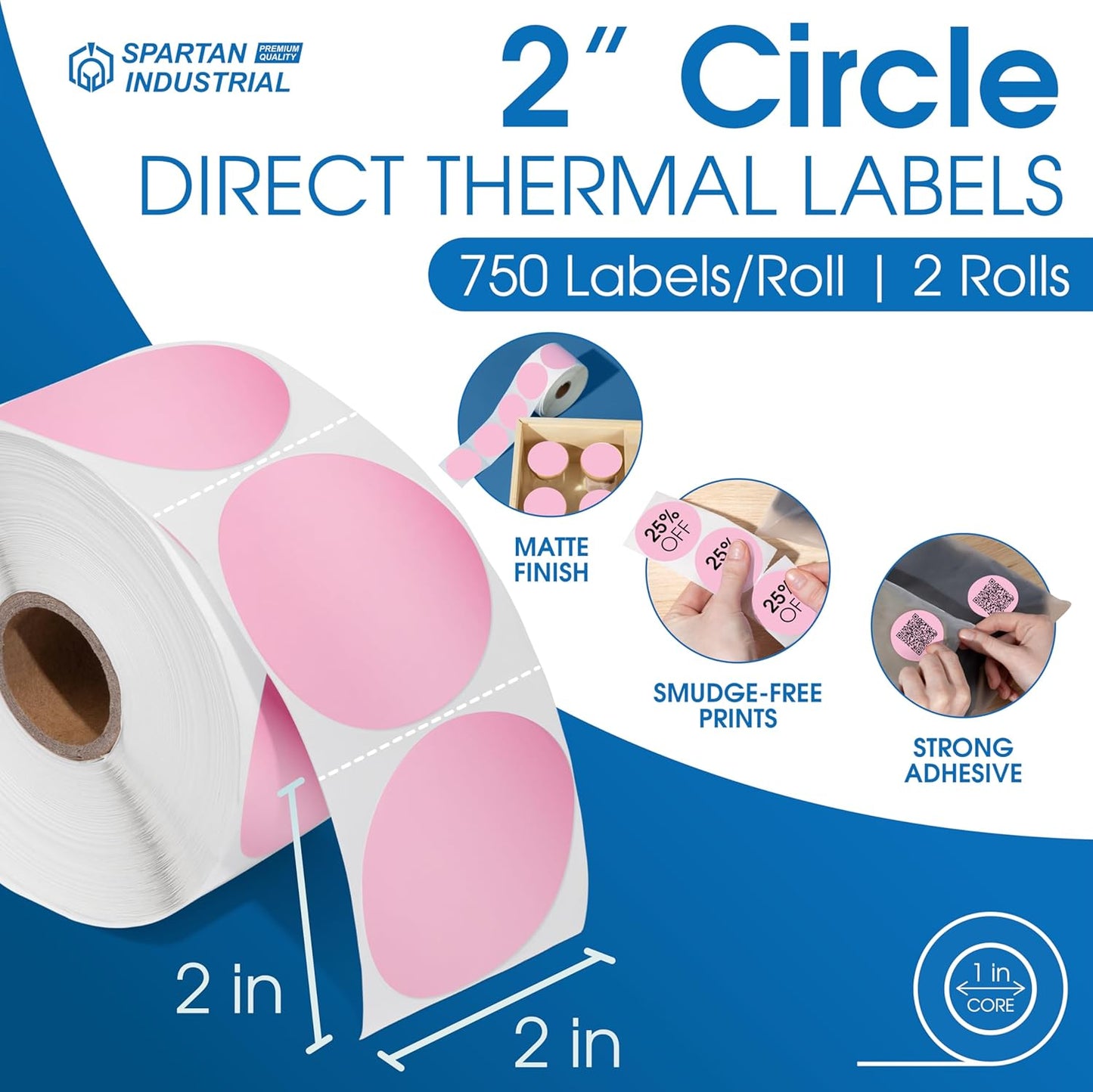 Spartan Industrial 2" Direct Thermal Pink Labels | Perforated Custom Circle Logo Stickers - Works with Rollo, Zebra, MUNBYN Desktop Printers - 2 Rolls, 750/Roll