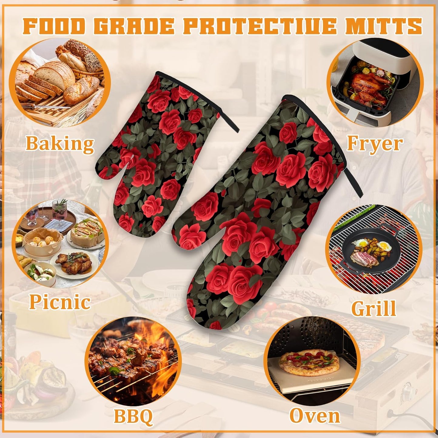 Red Rose Oven Mitts and Pot Holders Set,Kitchen Oven Gloves and Pot Holder with Heat Resistant Non Slip for Cooking Baking Grilling(4 Piece Set)
