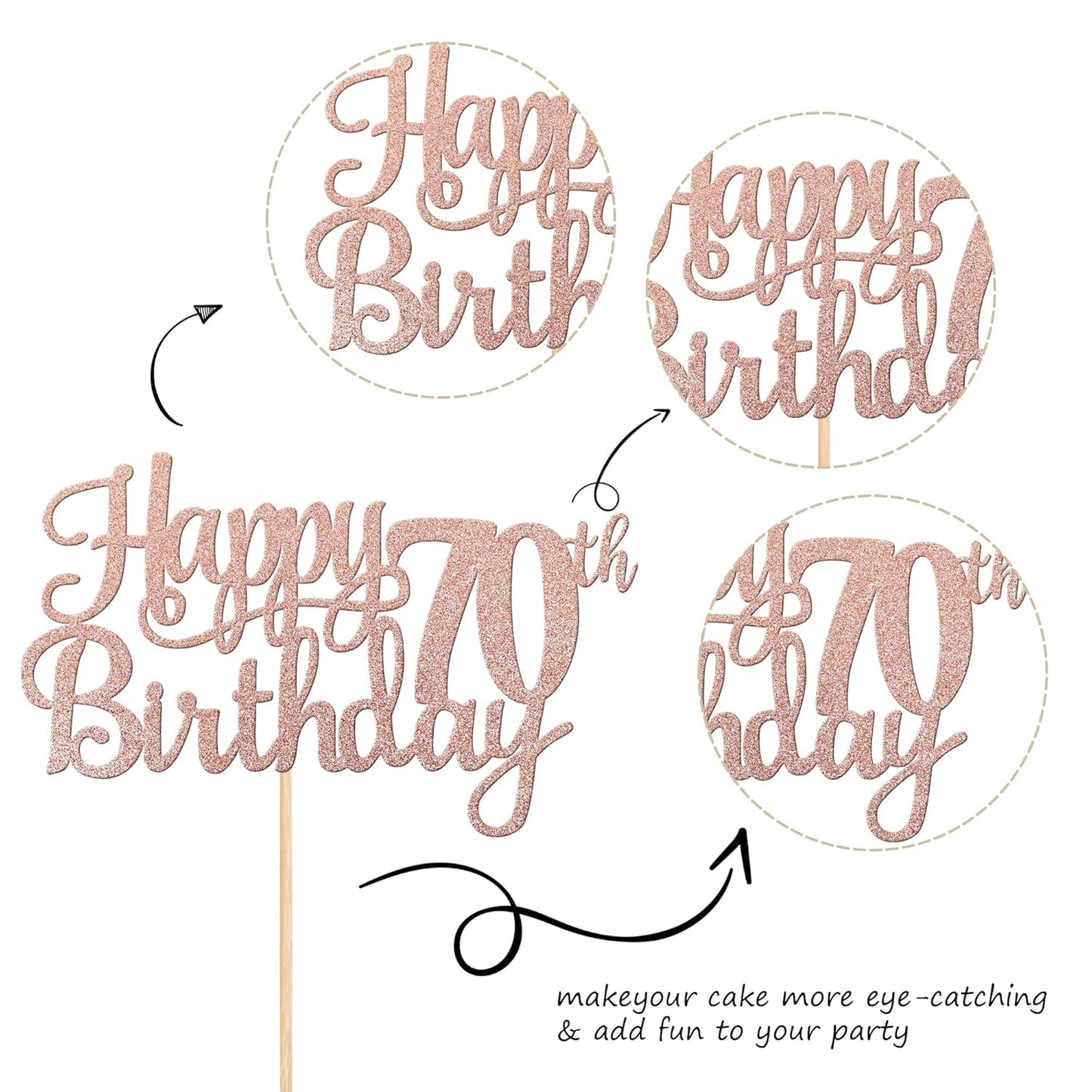 1 PCS Happy 70th Birthday Cake Topper Glitter Cheers to 70 Years Birthday Cake Pick Seventy 70 Fabulous Cake Decoration for Happy 70th Birthday Anniversary Party Decorations Supplies Rose Gold