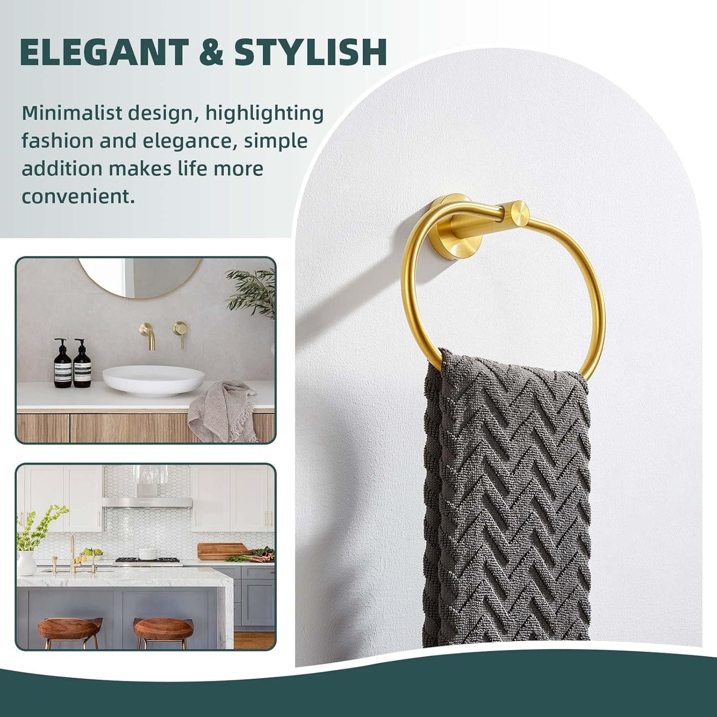 Suyar Brushed Gold Towel Ring, SUS 304 Stainless Steel Hand Towel Holder for Bathroom Wall Mount, Oval Shape