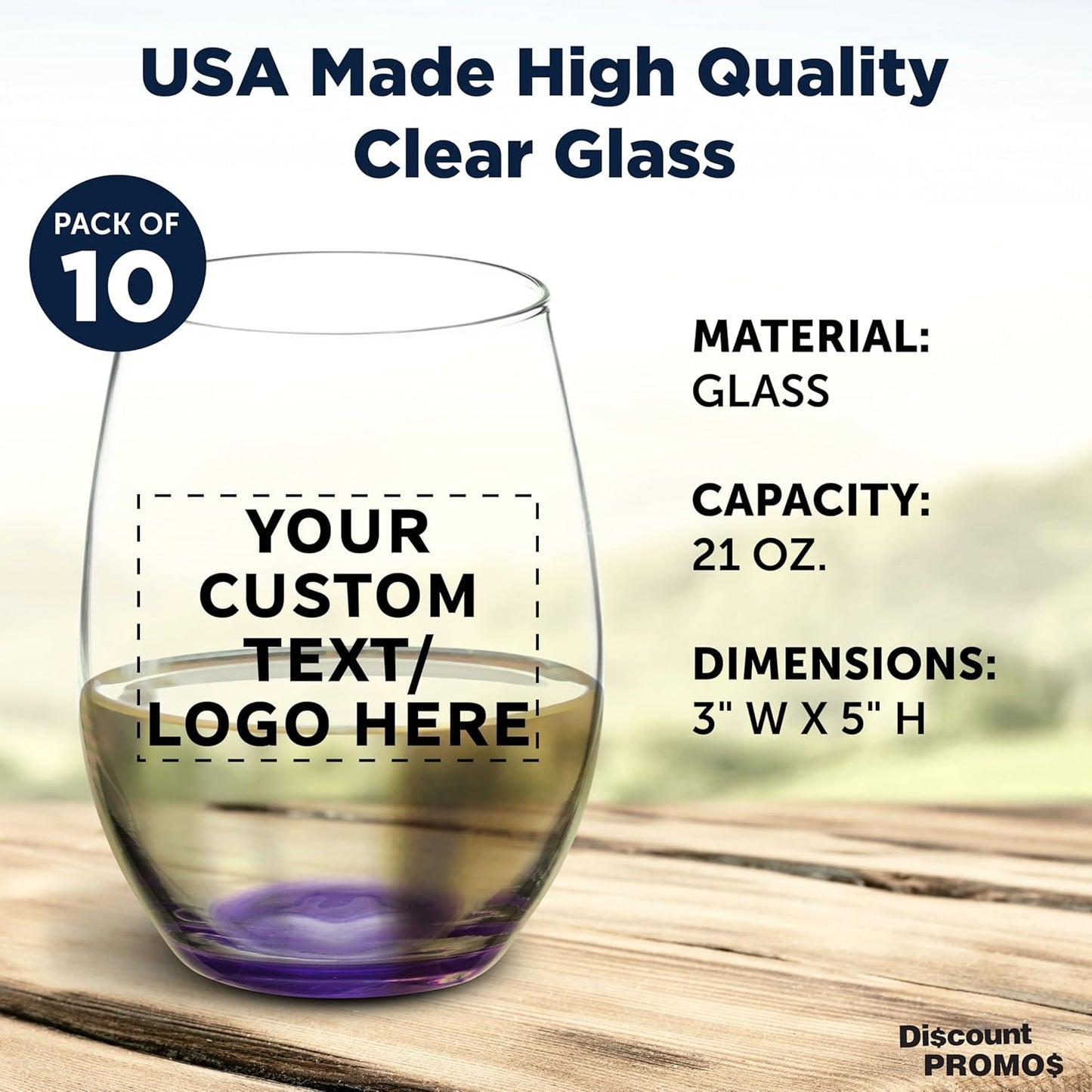 DISCOUNT PROMOS 10 ARC Stemless Wine Glasses Set, 21 oz. - Customizable Text, Logo - Chardonnay, Cabernet, Merlot, Sauvignon - Purple