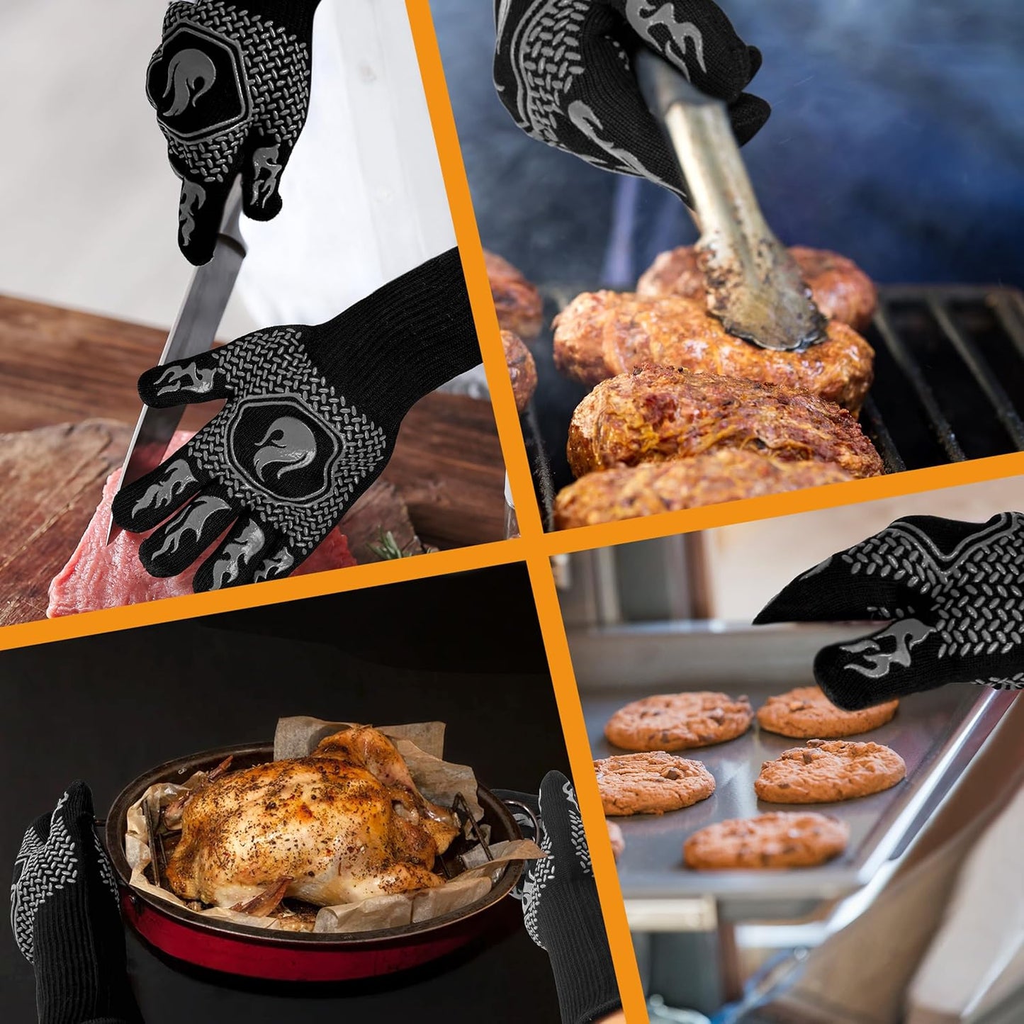 BBQ Fireproof Gloves, Grill Cut-Resistant Gloves 1472°F Heat Resistant Gloves, Non-Slip Silicone Oven Gloves, Kitchen Safe Cooking Gloves for Oven Mitts,Barbecue,Cooking, Frying,13.5 Inch-Grey