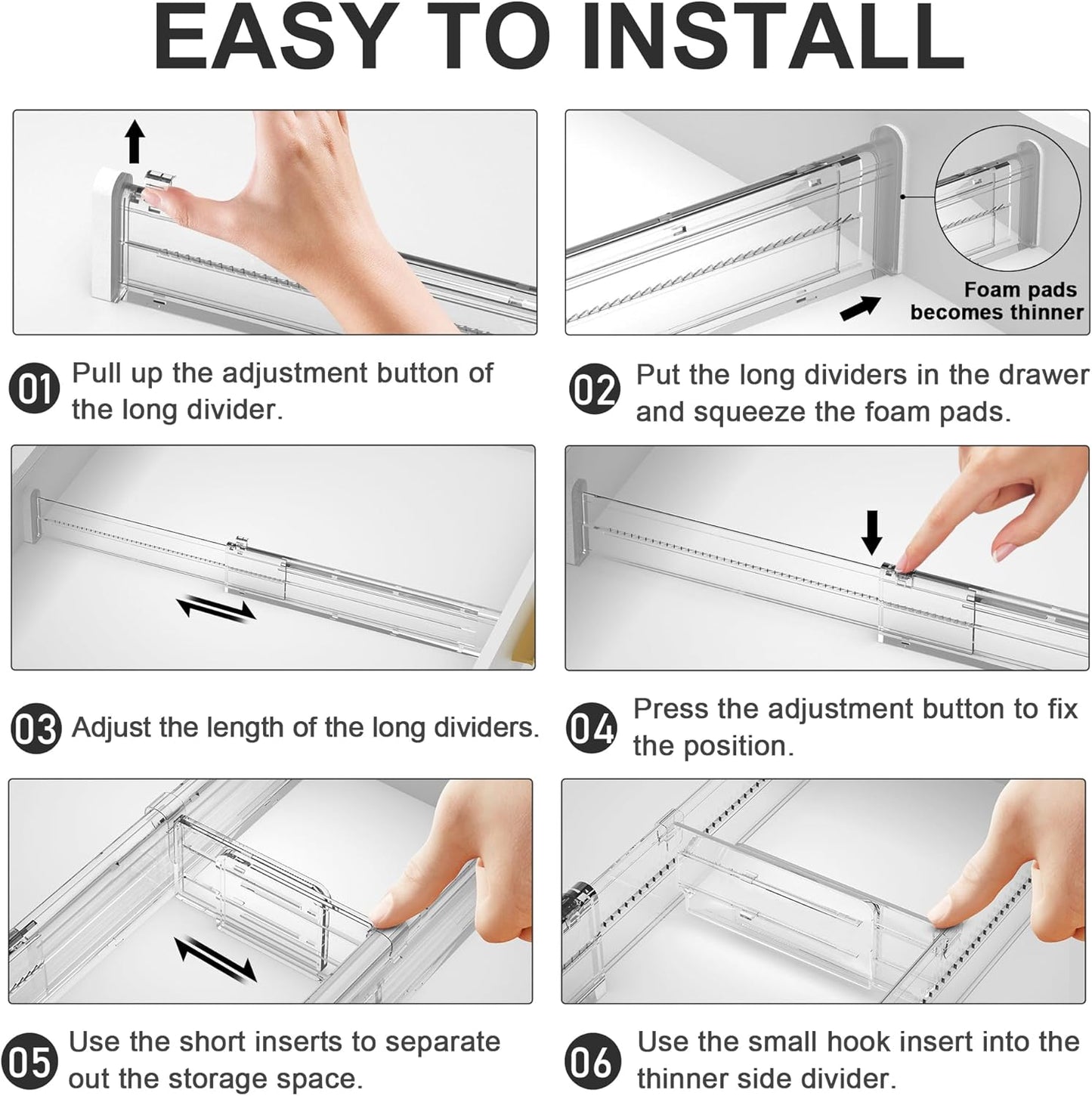 HiYZ Expandable Drawer Dividers with Inserts - Adjustable Drawer Organizers Separators for Kitchen, Bedroom, Dresser, Office, 8 Long Dividers(12.6-22.8 IN) with 10 Inserts(3.9-7.1 IN) - Clear