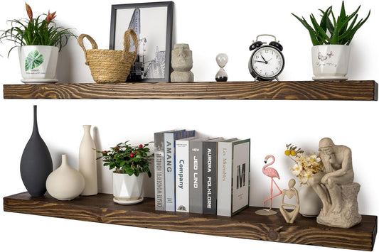 Floating Shelves 48 inch Long 8 "deep Set of 2, Heavy Duty Wood Wall Mounted Shelves for Bathroom Living Room Kitchen,Book Shelves with Thickened Hidden Bracket-Distressed Walnut