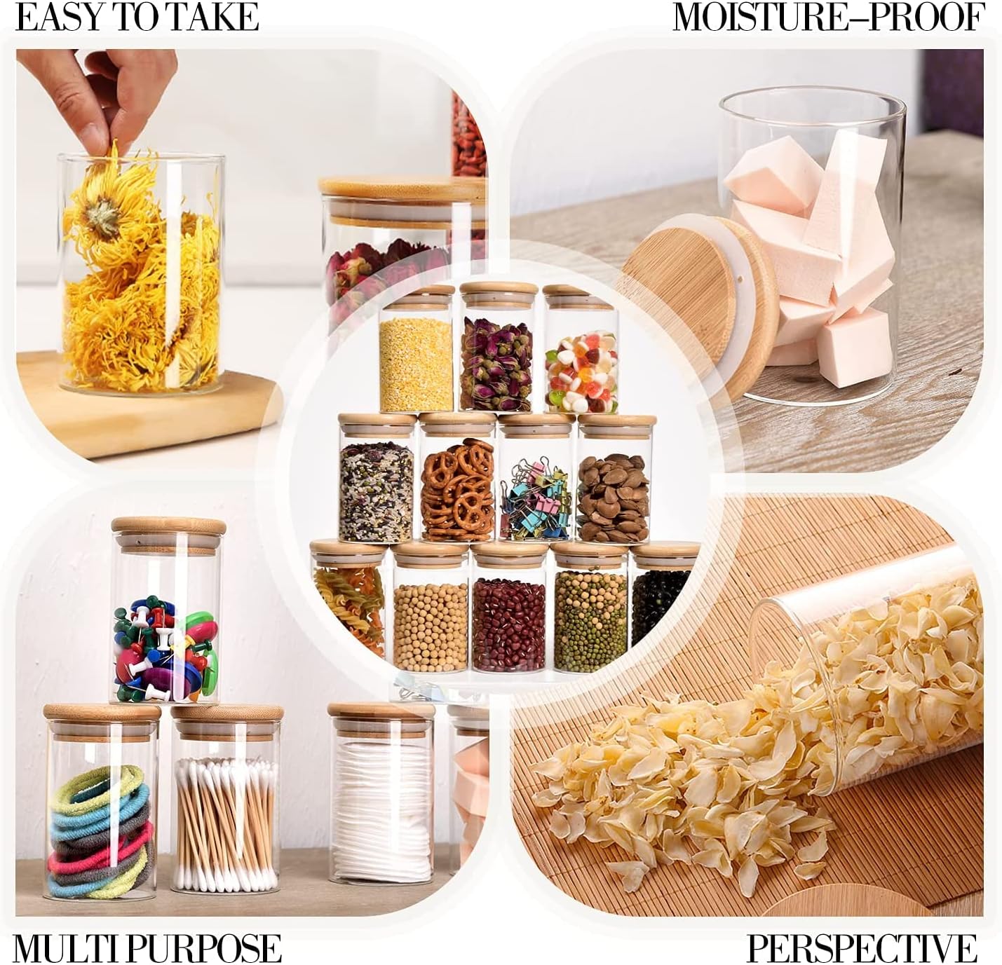 Glass Jars with Bamboo Wooden Airtight Lids 6oz 10oz Spice Jars Food Storage Containers for Home Kitchen, Tea, Salt, Pepper, Spices, Coffee, Herbs, Grains (10 OZ, 6 PCS)