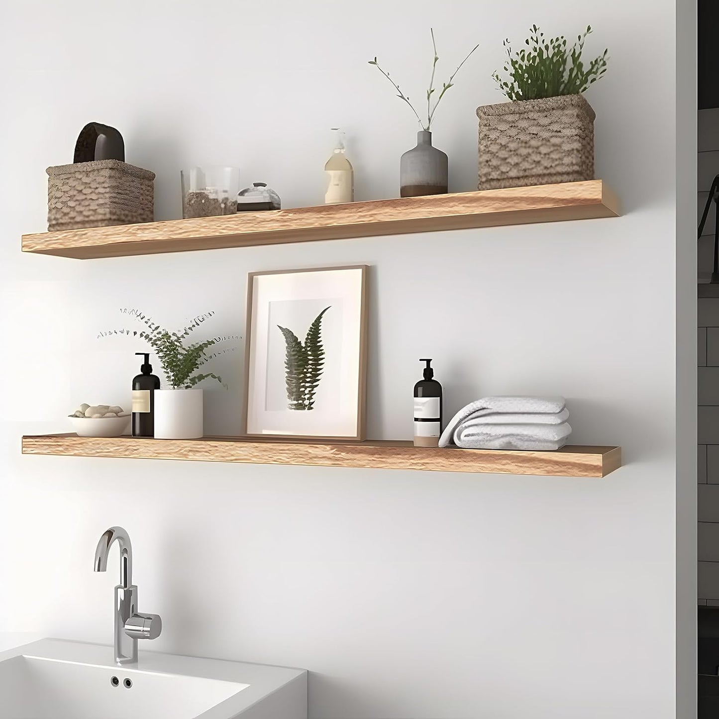 Wood Floating Shelves for Wall, Wooden Wall Shelves for Bedroom, Wall Mounted Shelves for Living Room, Set of 4 Light Brown 36 Inch