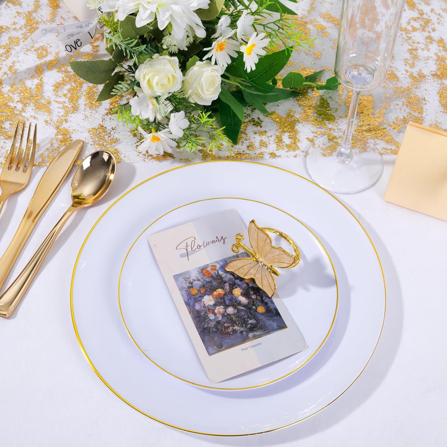 KIRE 200PCS Gold Plastic Plates - Disposable Plates for Party - White Plastic Plates with Gold Rim Include 100 for Dinner and 100 for Dessert/Salad in Wedding