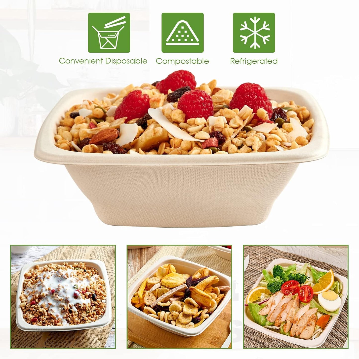 Vplus 180 Pack 24 OZ Paper Bowls Bulk, Square Disposable and Compostable, Eco-friendly Bagasse, Heavy-duty Bowls Perfect for Milk Cereals, Snacks, Salads