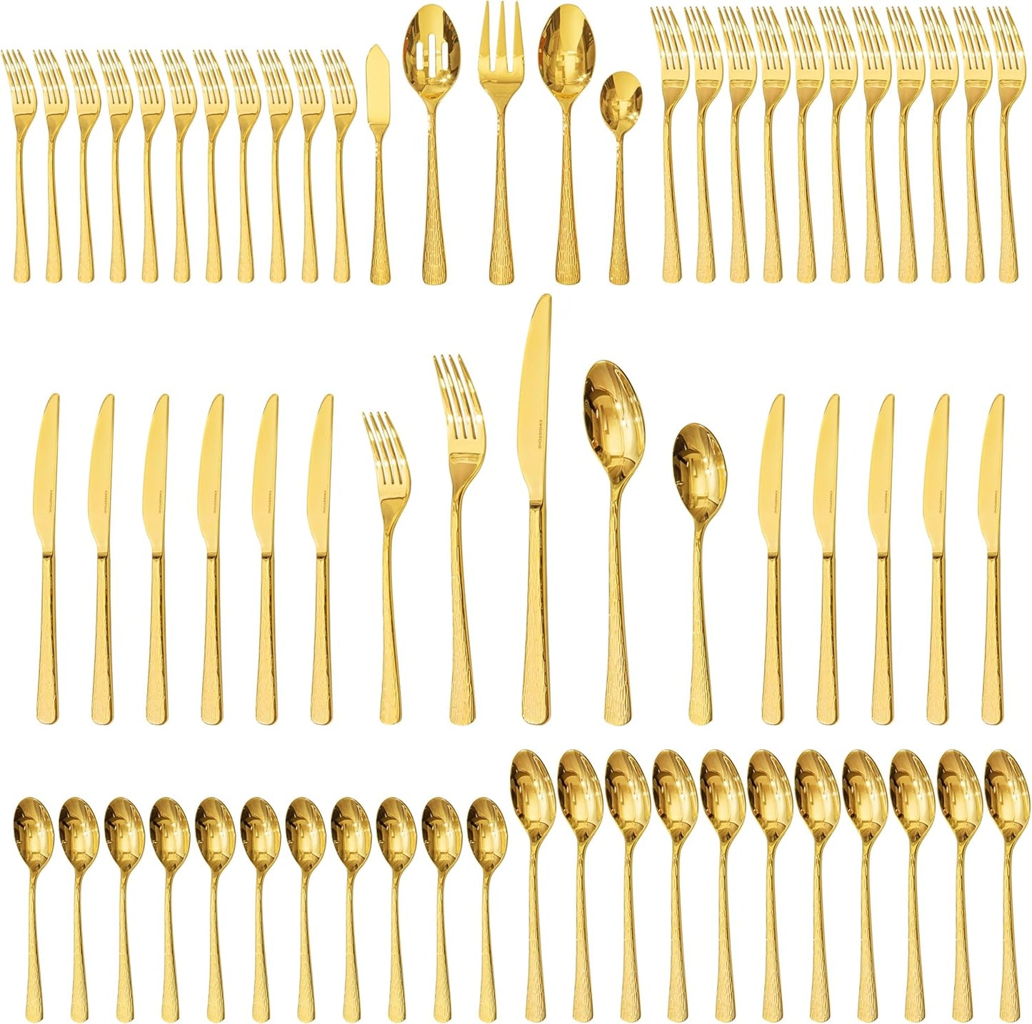 KINGSTONE Gold Hammered Silverware Set, Flatware Set with Serving Utensils, 18/10 Stainless Steel Premium Cutlery with Unique Ripple Handles Design Mirror Polished - Dishwasher Safe (65-Piece)