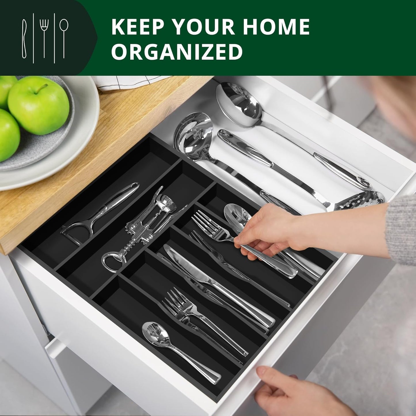 ROYAL CRAFT WOOD Luxury Bamboo Kitchen Drawer Organizer - Silverware Organizer - Utensil Holder and Cutlery Tray with Grooved Drawer Dividers for Flatware and Kitchen Utensils (7 Slot, Black)