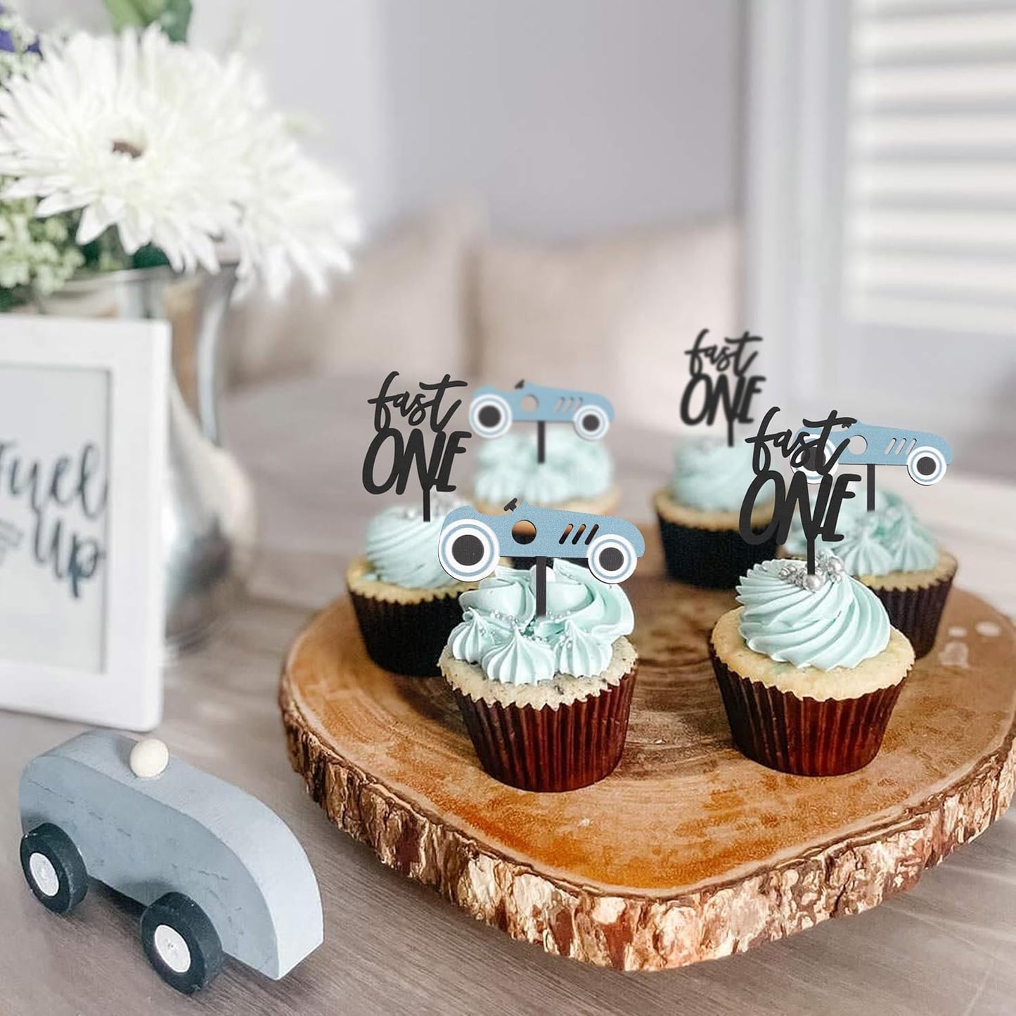 Wooden Race Car Cupcake Toppers - Fast One Cupcake Topper,First Fast One Birthday Decorations,Fast One Birthday Theme Topper(fast one cake topper)