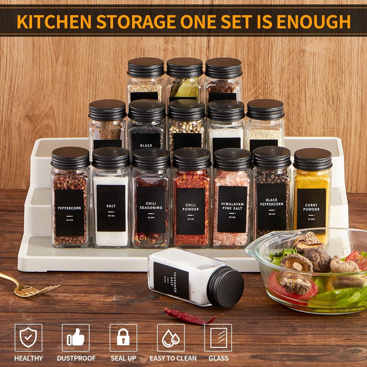 48 Pcs Spice Jars with Label- Glass Spice Jars with Black Metal Caps,Shaker Lids, Funnel, Chalk Pen, Brush,Cleaning Cloth 4oz Seasoning Containers Bottles for Spice Rack, Cabinet, Drawer
