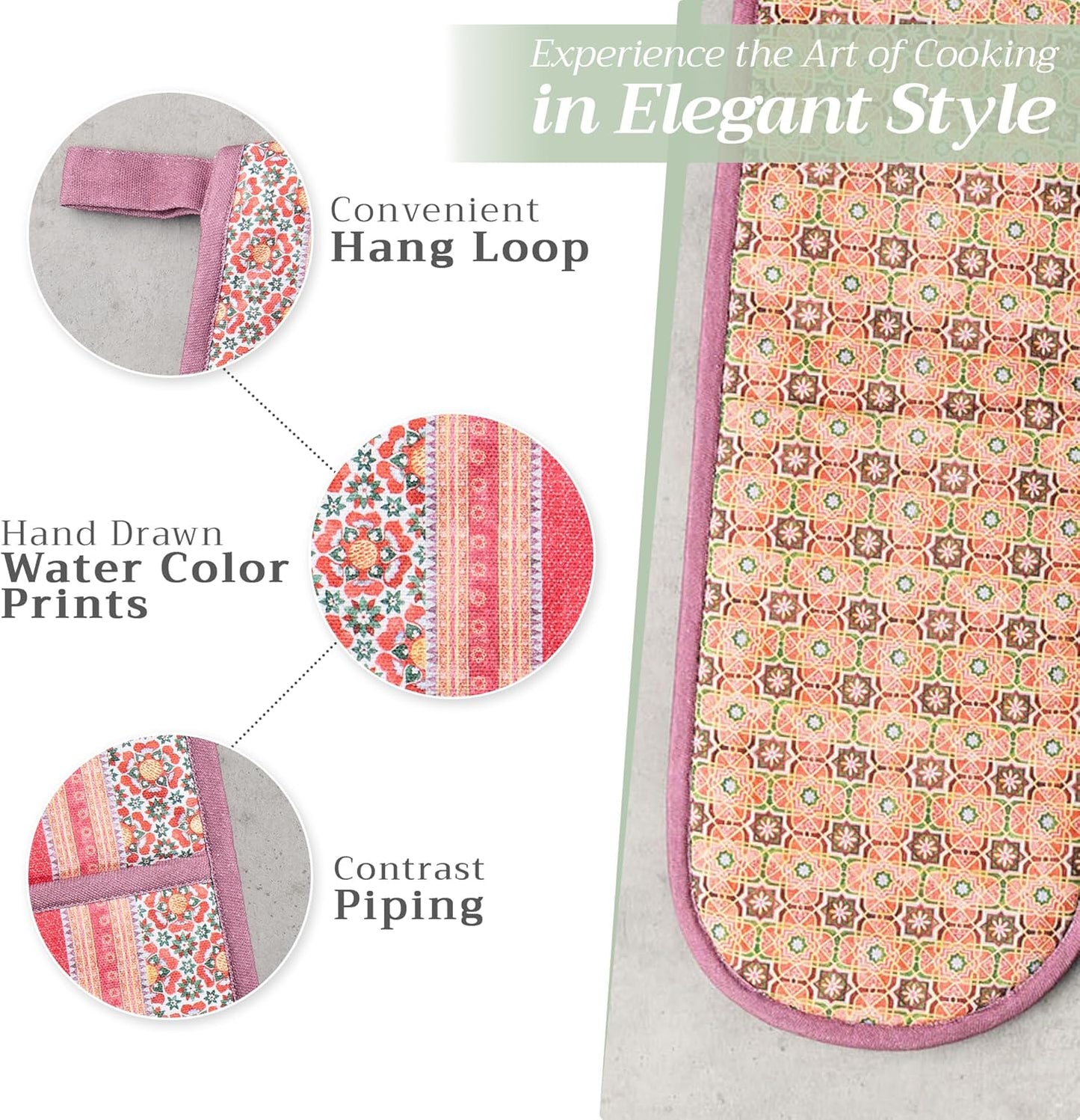 Maison d' Hermine Double Oven Mitts 100% Cotton 7"x35" Double Oven Mitt Heat Resistant BBQ Cooking Gloves with Loop, Baking, Grilling, Home, Kitchen, Handling Hot Pans (Ispahan)