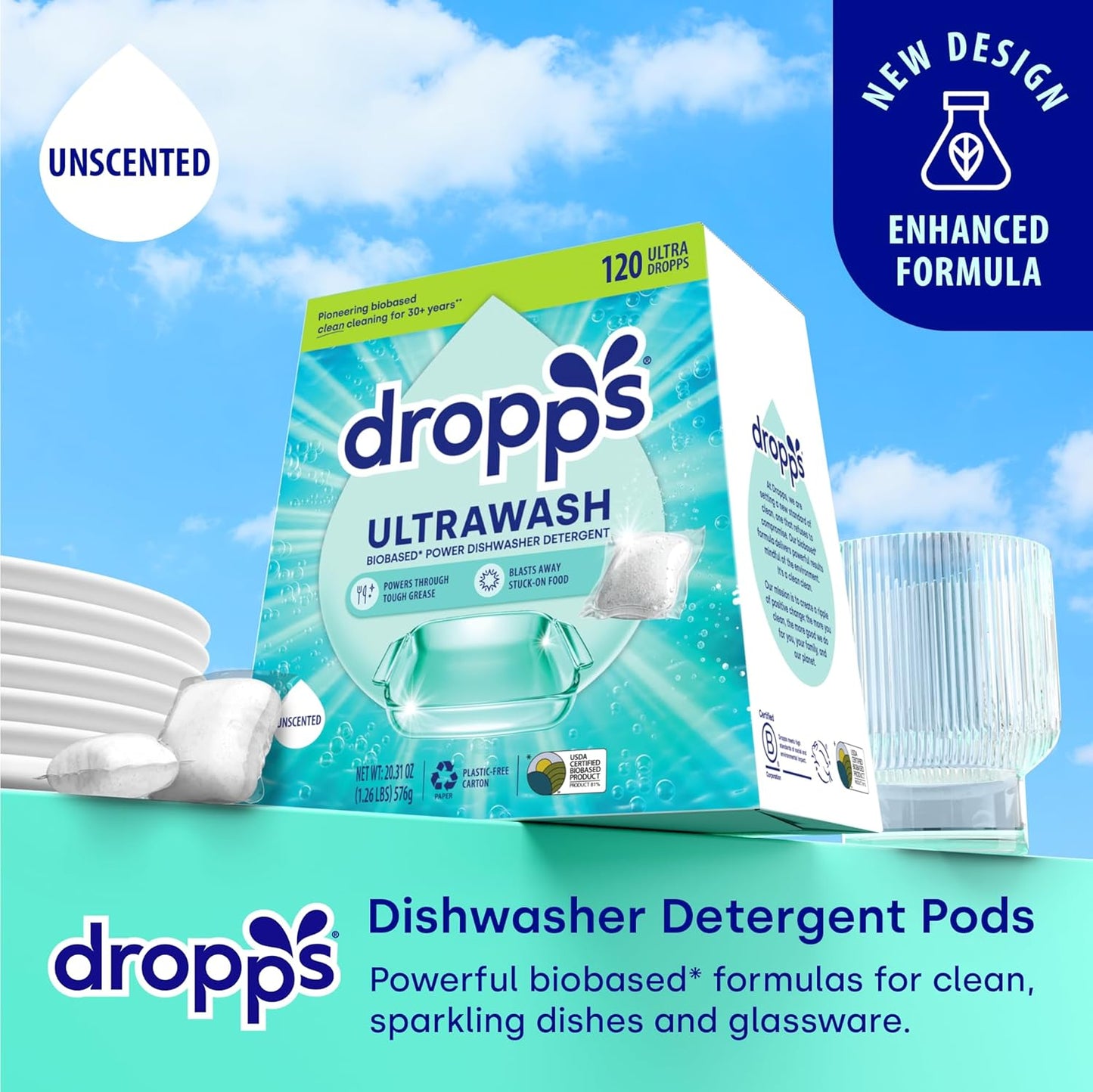 Dropps UltraWash Dishwasher Pods, Unscented (120 Count) - Biobased Power Deep Clean Dishwasher Detergent Tablets for Sparkling Shiny Dishes - No Rinse Aid or Pre-Wash Needed - Dishwashing Pods