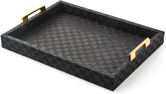 MACKENZIE-CHILDS Black Faux-Leather Tray with Handles, Rectangular Tray for Serving, Small