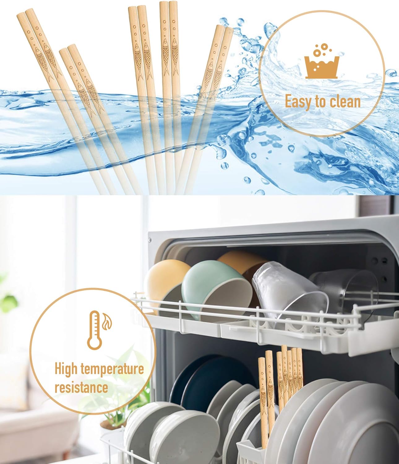 5 pairs of bamboo chopsticks can be reused, classic healthy high-quality natural bamboo chopsticks, can be washed in the dishwasher, 9.8 inches / 25 cm, (pattern: more than every year)