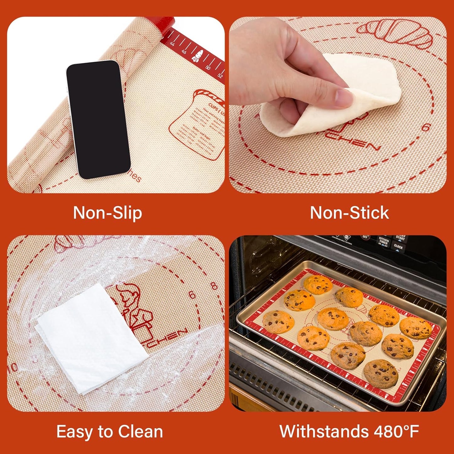 Non-Slip Silicone Baking Mat - 20x28 inch Extra Thick Pastry Mat with Measurements for Sourdough, Macarons, Bread, Pizza, Dough Rolling, Kneading, Oven Mat Heat Resistant to 480°F Gift for Baker