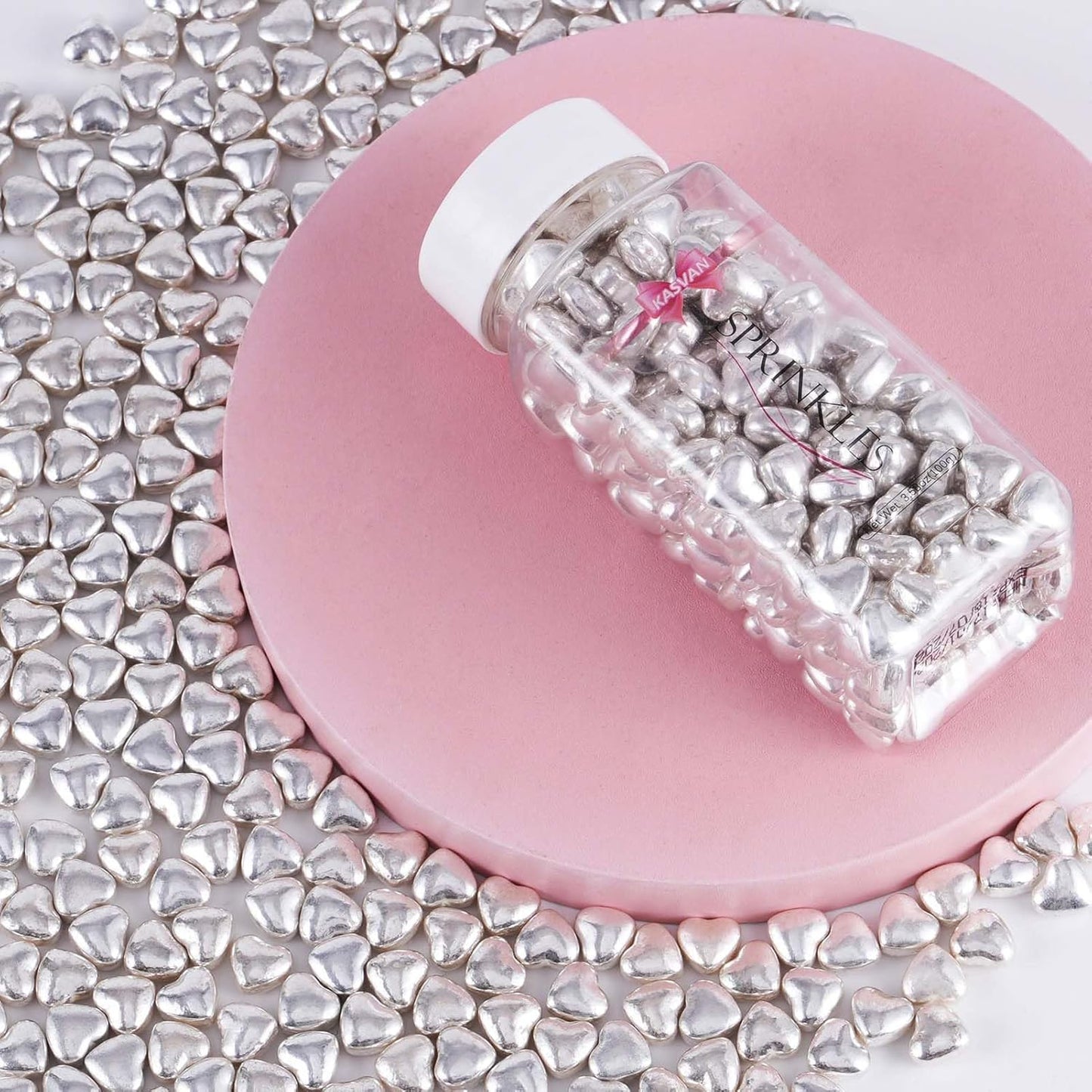 Kasvan Silver Heart Shapes Sprinkles - Edible Candy Pearls 100g/3.58 Oz, Mix Size, Baking Cake Decorations, Ice Cream Toppings and Cookie Decorating, Wedding Party Chirstmas Supplies (Silver)
