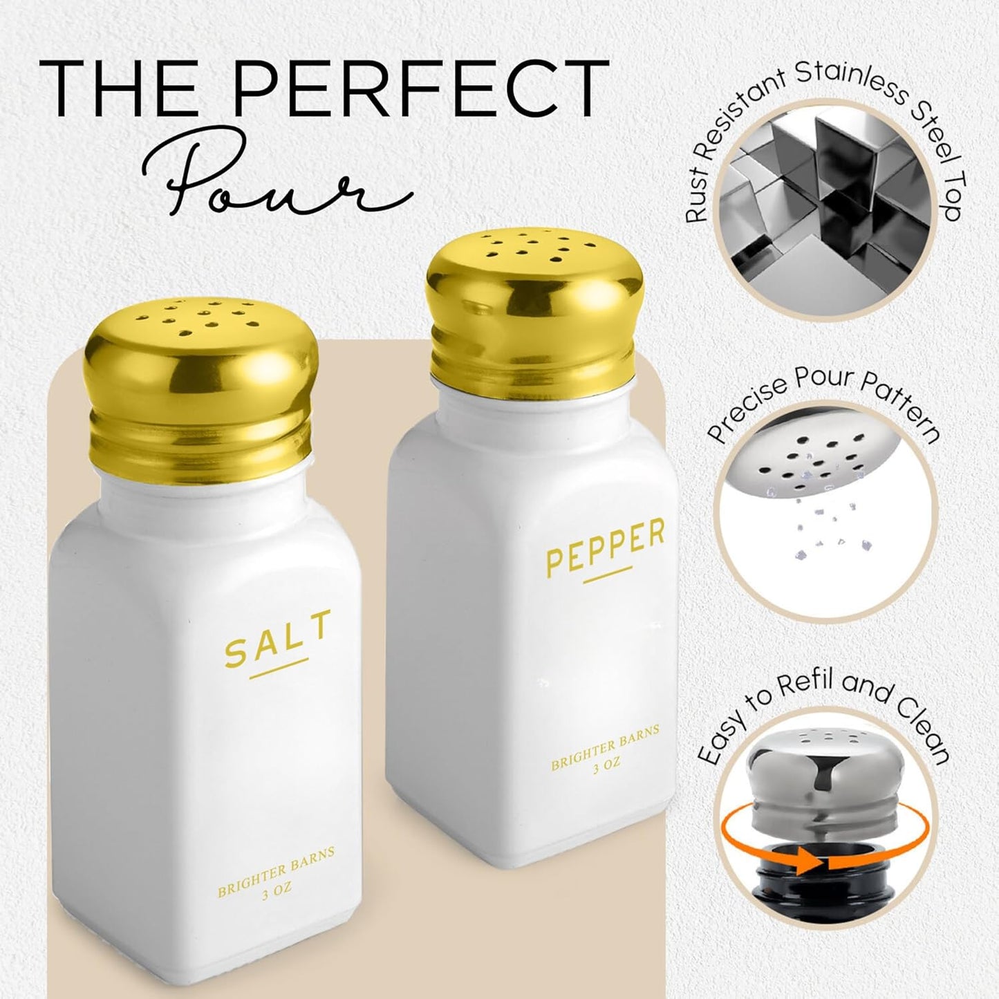 Luxury Salt and Pepper Shakers Set with Holder by Brighter Barns - Modern Kitchen Essentials, White and Gold Kitchen Accessories - Vintage Glass Shakers with Caddy for Restaurant, Airbnb (White/Gold)
