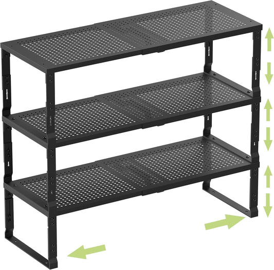 Heavy-Duty Adjustable Metal Shelf Organizer - Expandable & Stackable Pantry Storage Rack for Kitchen, Bathroom, RV, Cabinets(3 Packs/Black, Large)