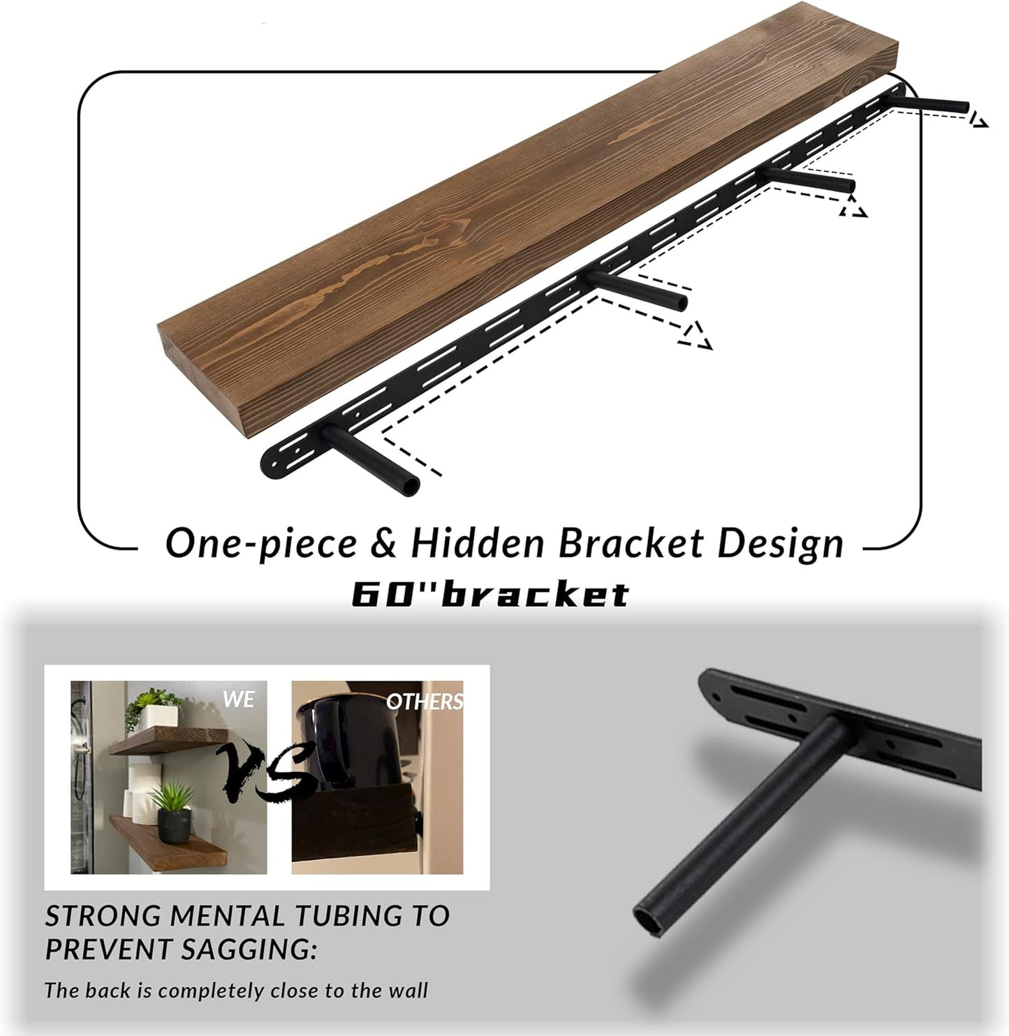 Rustic Floating Shelves 60 inch Long 8 "deep Set of 1, Heavy Duty Wood Wall Mounted Shelves for Bathroom Living Room Kitchen,Book Shelves with Thickened Hidden Bracket- Walnut