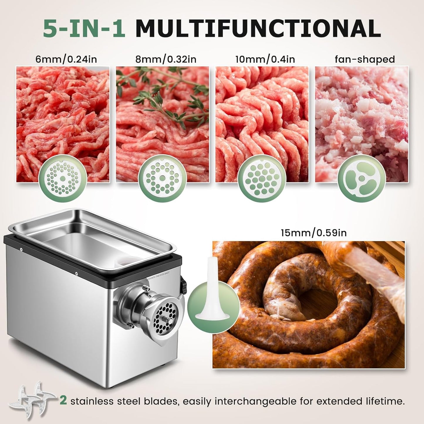 Huanyu Electric Meat Grinder 1100W Stainless Steel Meat Grinder Heavy Duty with 2 Blades 4 Plates Commercial Grinders for Restaurants, Butcher Shops 110V 1.5HP