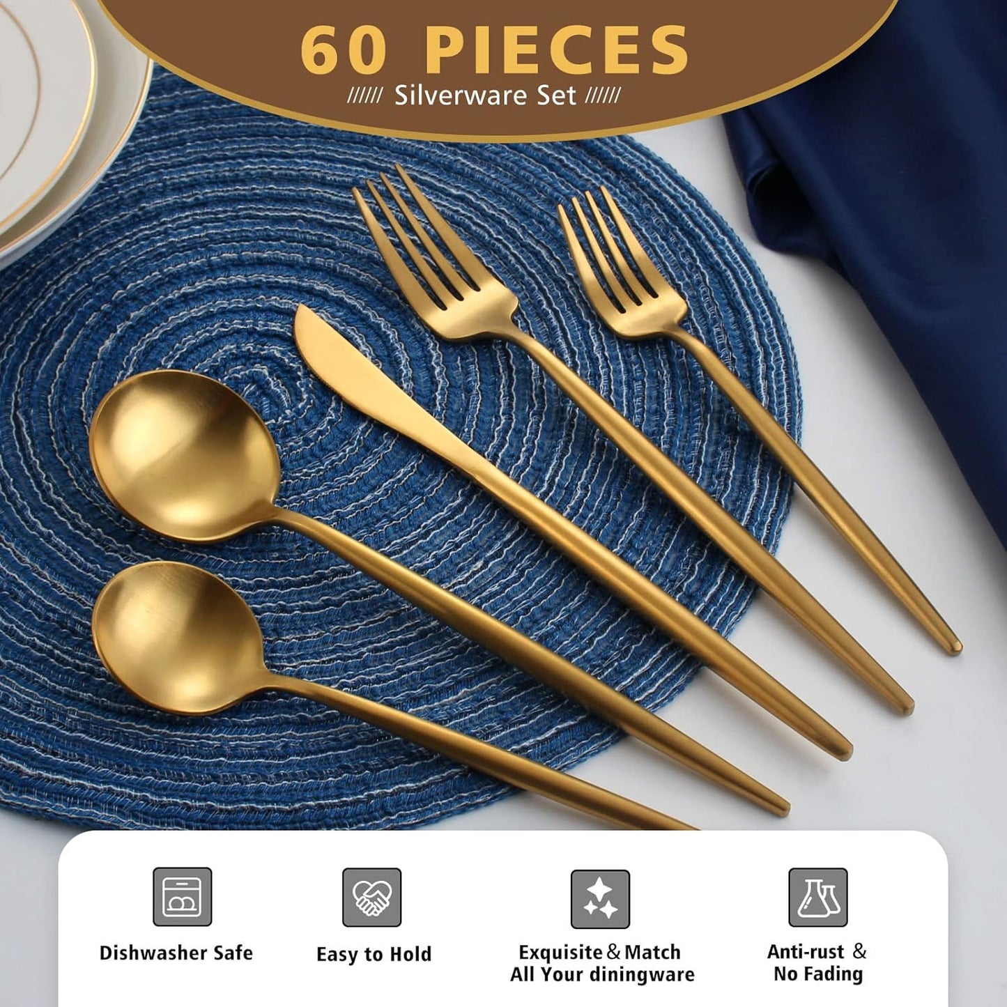 Matte Gold Silverware Set, Oliviola 60-Piece Stainless Steel Flatware Cutlery Set Service for 12, Satin Finish Kitchen Utensil Set, Dishwasher Safe