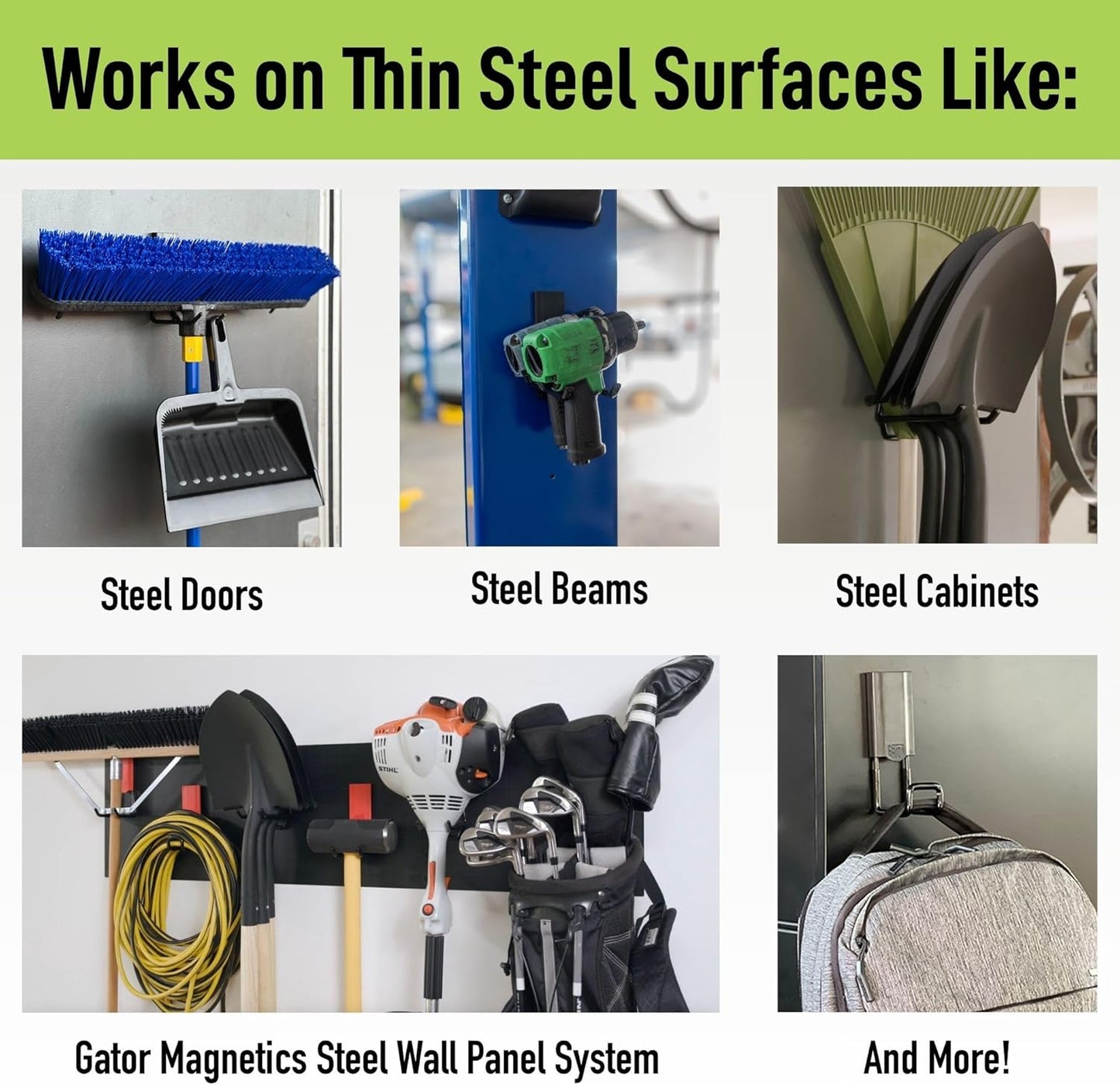 GATOR MAGNETICS MIDI 2.5 & 4" Open Hooks, 25 lb Heavy Duty Magnetic Hooks for Steel Surfaces, Patented Easy-Release, Non-Slip Grip – Storage & Organization, Garage, Shed, Home, Cleaning Tools -6 Pack