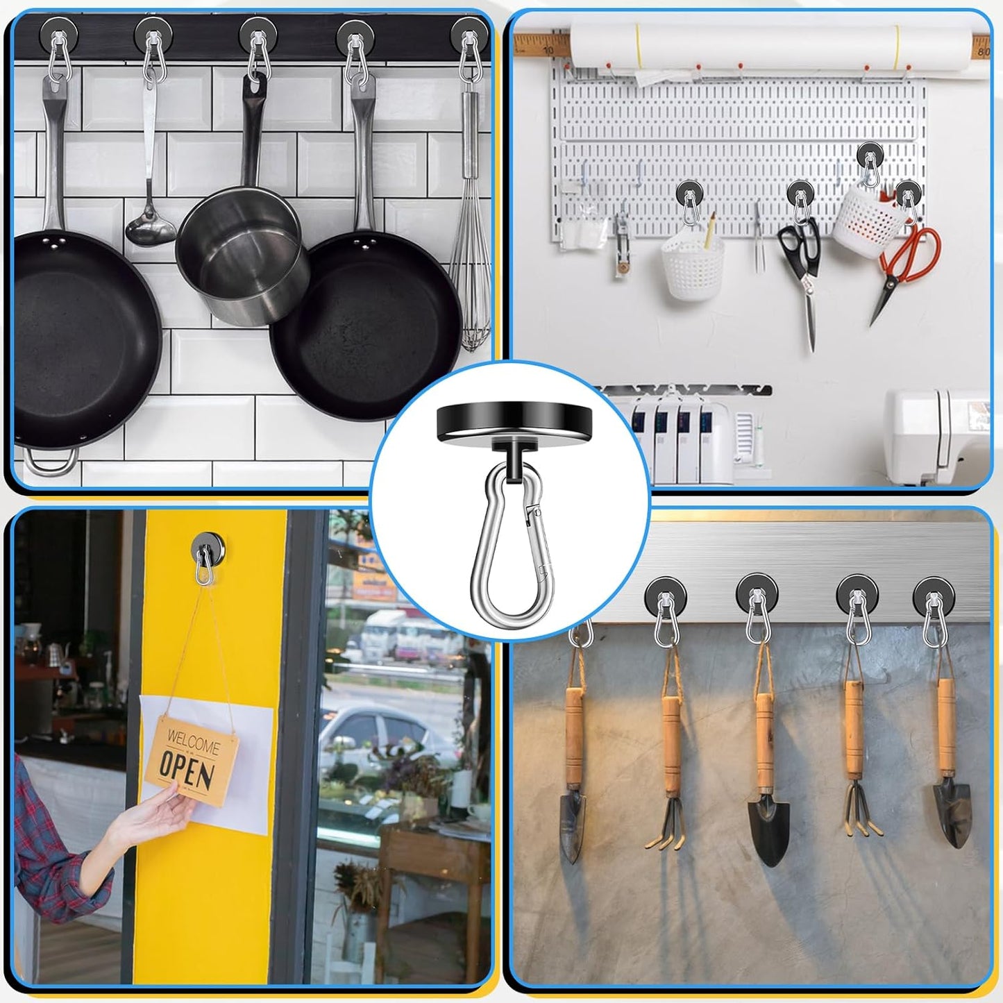 200Lbs Magnetic Carabiner Hooks, 2 Pack Strong Magnetic Hooks Heavy Duty with Swivel Carabiner for Cruise, Black Neodymium Magnet Hooks Magnetic Wall Hanger for Hanging, Toolbox, Grill, Cabins