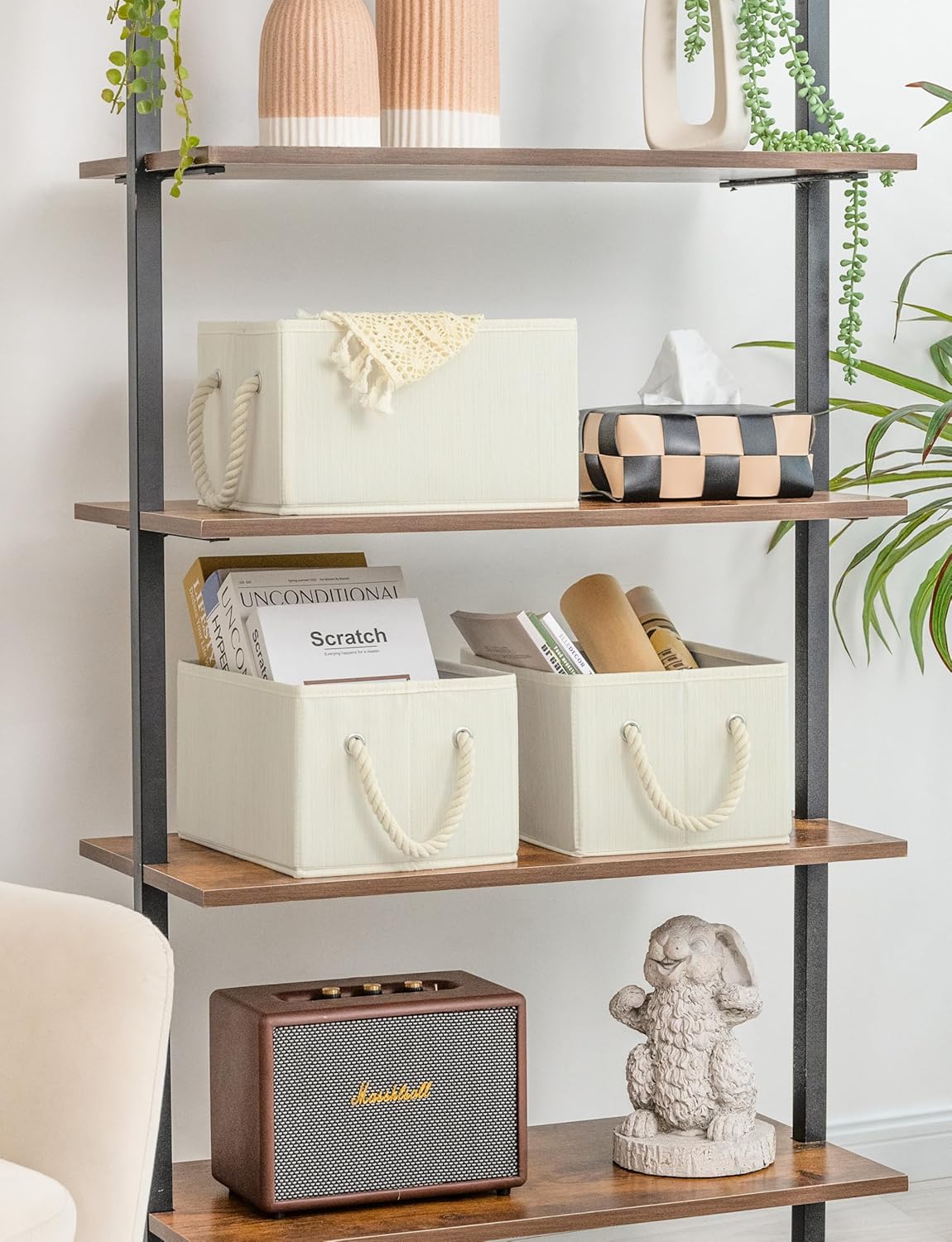 StorageWorks Storage Baskets for Shelves, Foldable Fabric Closet Storage Bins with Handles, Fabric Storage Bins Clothes Organizer, Beige, White & Ivory, 3-Pack, Small