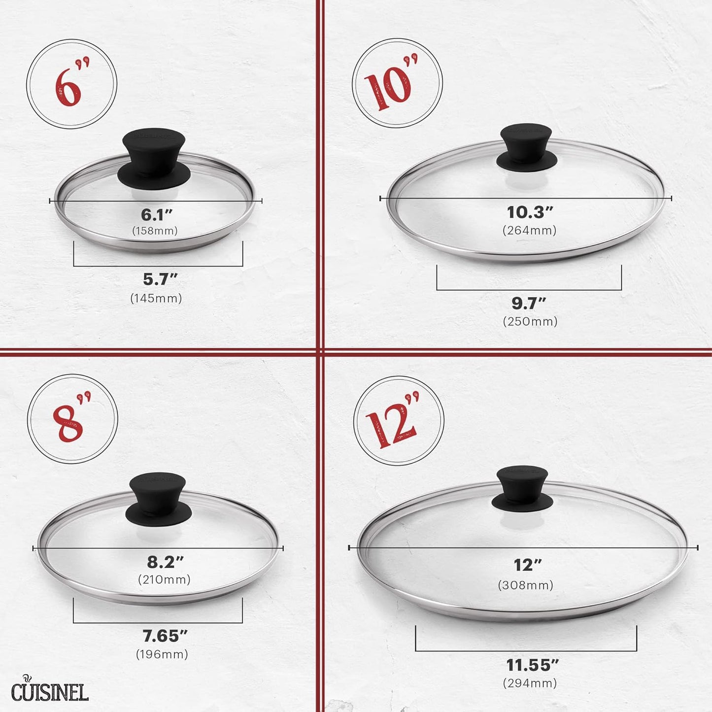 Glass Lids Set - 6"+8"+10"+12"-Inch / 15.24cm+20.32cm+25.4cm+30.48cm - Compatible with Lodge Cast Iron - Fully Assembled Tempered Replacement Cover - Oven Safe for Skillets Pans: Universal Cookware