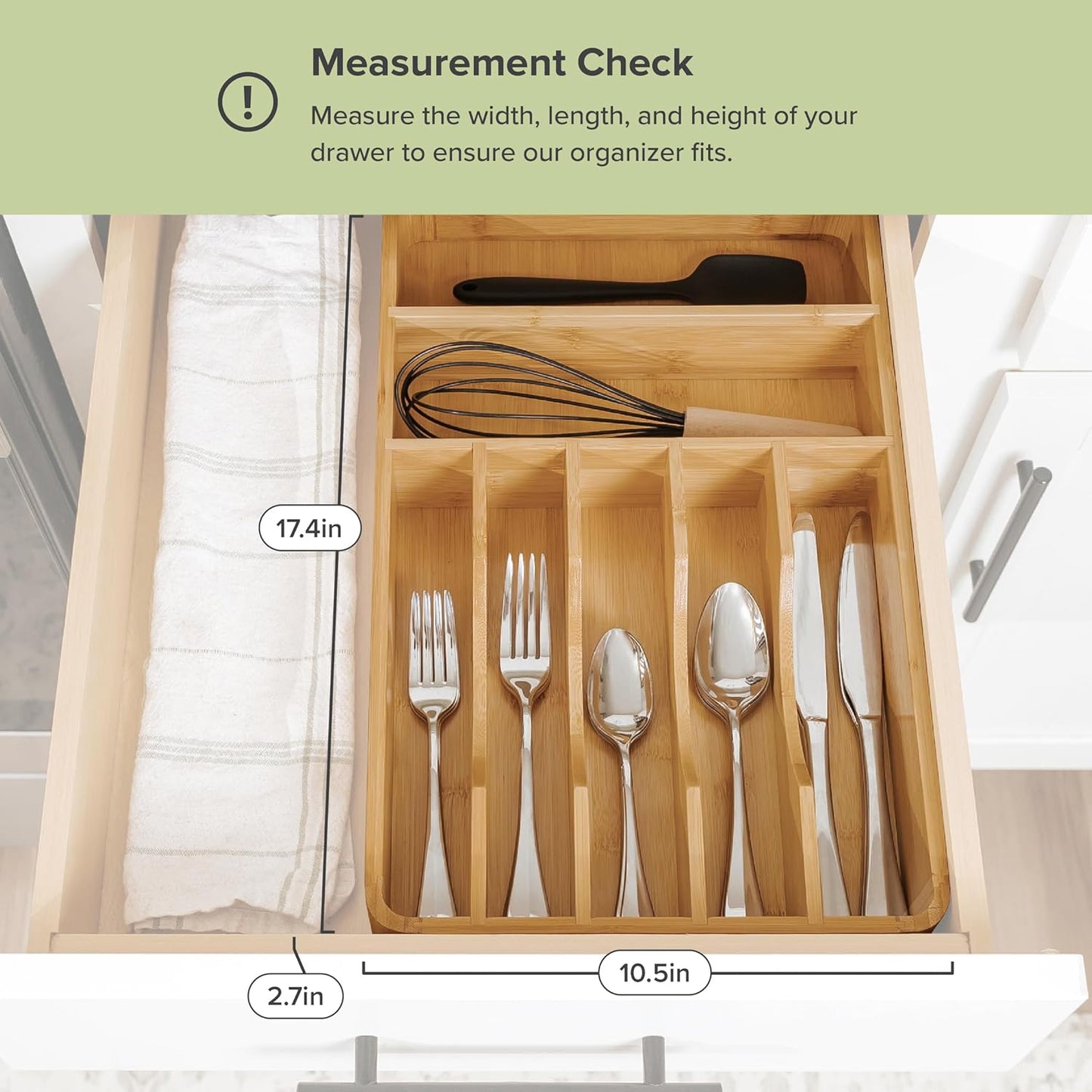 KitchenEdge Silverware Organizer - Cutlery, Flatware, and Utensil Holder for Kitchen Drawers, Fixed 10.5” Width, 7 Storage Compartments, Non-Slip Feet, Rounded Corners, 100% Bamboo