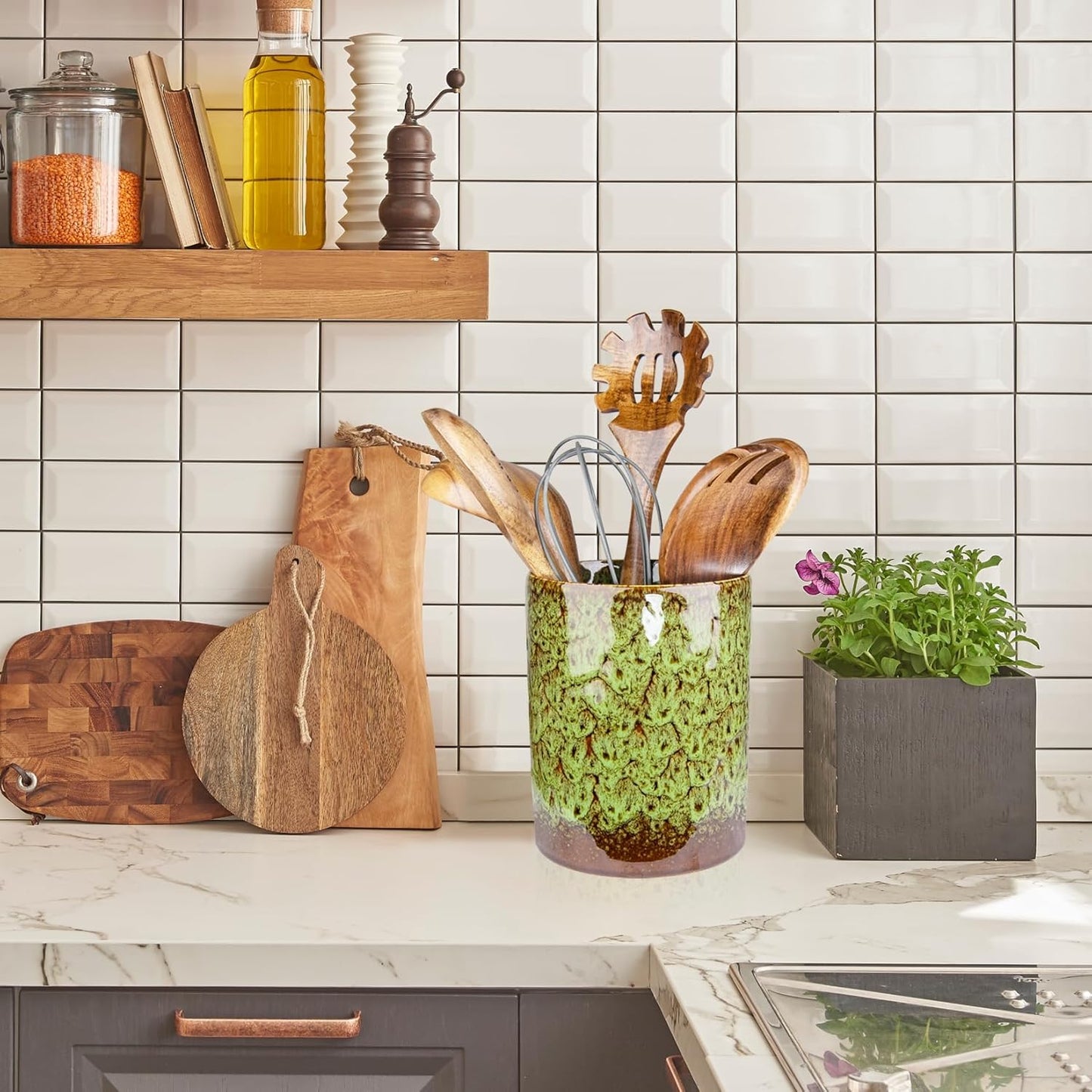 Utensil Holder, Ceramic Kitchen Utensil Holder for Countertop, Large Cooking Utensil Crocks for Kitchen Counter, Morden Utensil Organizer for Spatula, kitchen Decor,Green