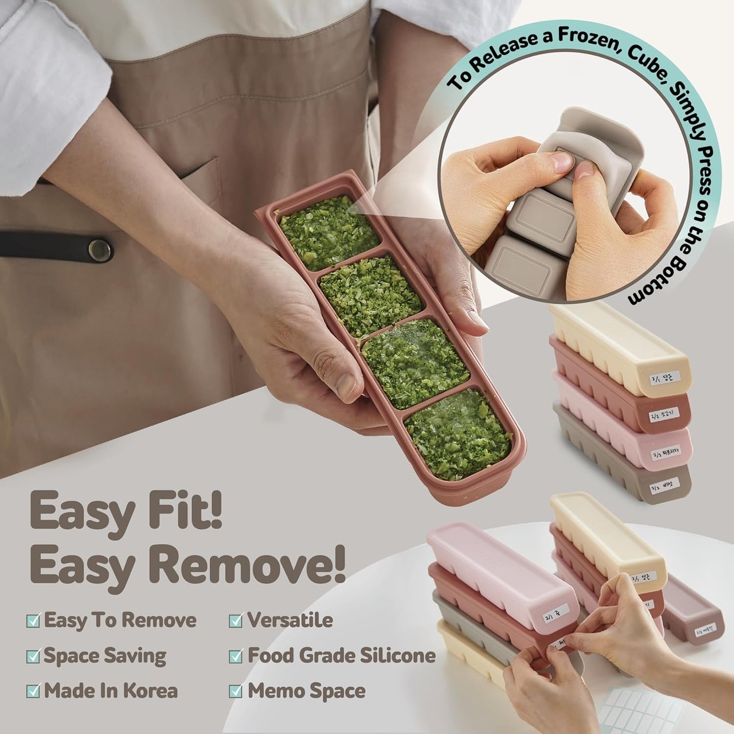 4 Section-1.7oz Gray 100% Food Grade Silicone Ice Cube Tray Food Container with Airtight Locking Lid, Fruit Vegetable Purees, Breastmilk Storage for Baby & Toddler Food | BPA Free Korea Made